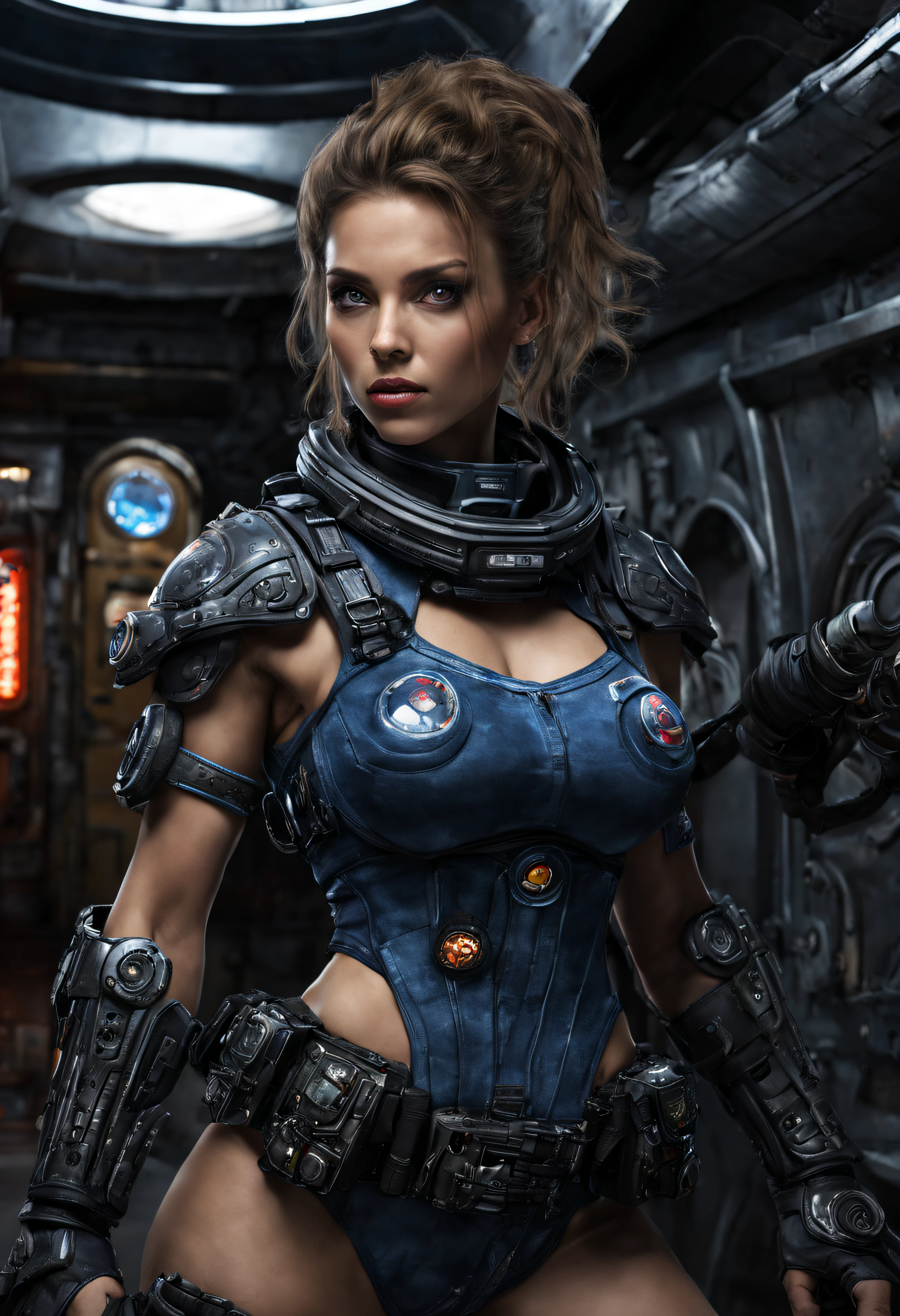 mujer guerrera alienigena extraterrestre, considerada como una de las razas mas bellas de la galaxia, con una cara, ojos y labios sensuales, vestida con uniforme sexy de gears of war con minifalda, ((se encuentra en centro de control de estacion espacial)). hiperrealista, imagen nitida, 8k. imagen cinematografica. (intrincados detalles de la maquina), (obra maestra de calidad superior, renderizado 3d.