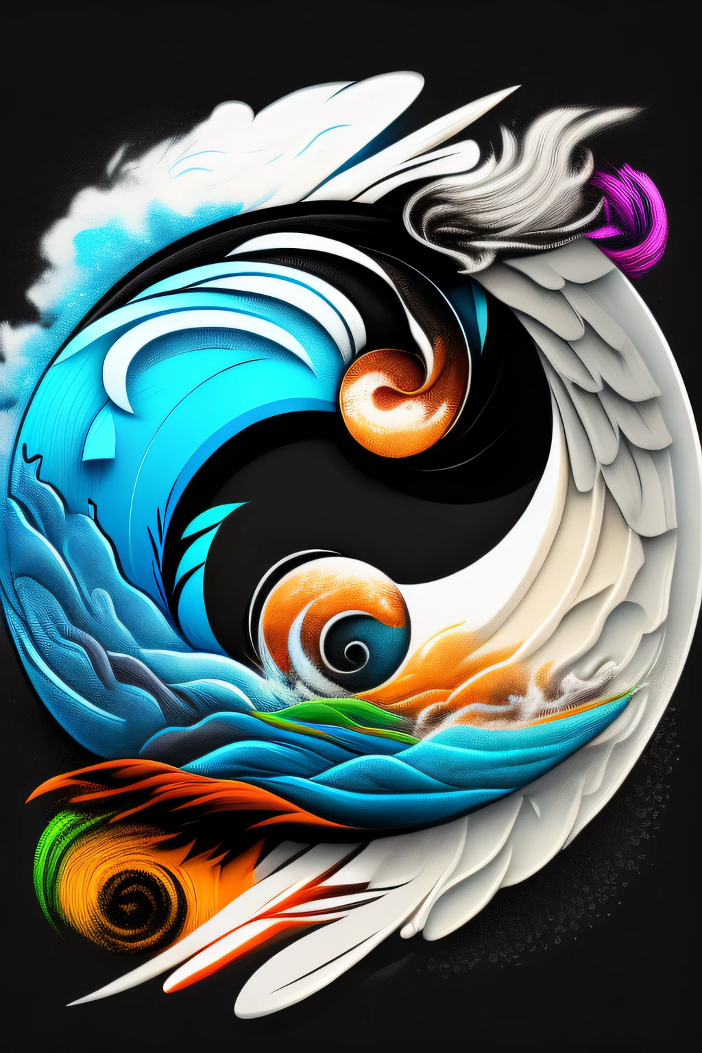 Yin and Yang, The way of the wind and water, Feng Shui, print ready vector t-shirt design, illustration Surf, graffiti hawaii props in background, sticker, clean white background, professional vector, high detail, t-shirt design, graffiti, vibrant