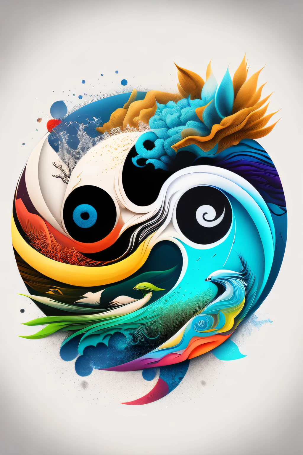 Yin and Yang, The way of the wind and water, Feng Shui, print ready vector t-shirt design, illustration Surf, graffiti hawaii props in background, sticker, clean white background, professional vector, high detail, t-shirt design, graffiti, vibrant