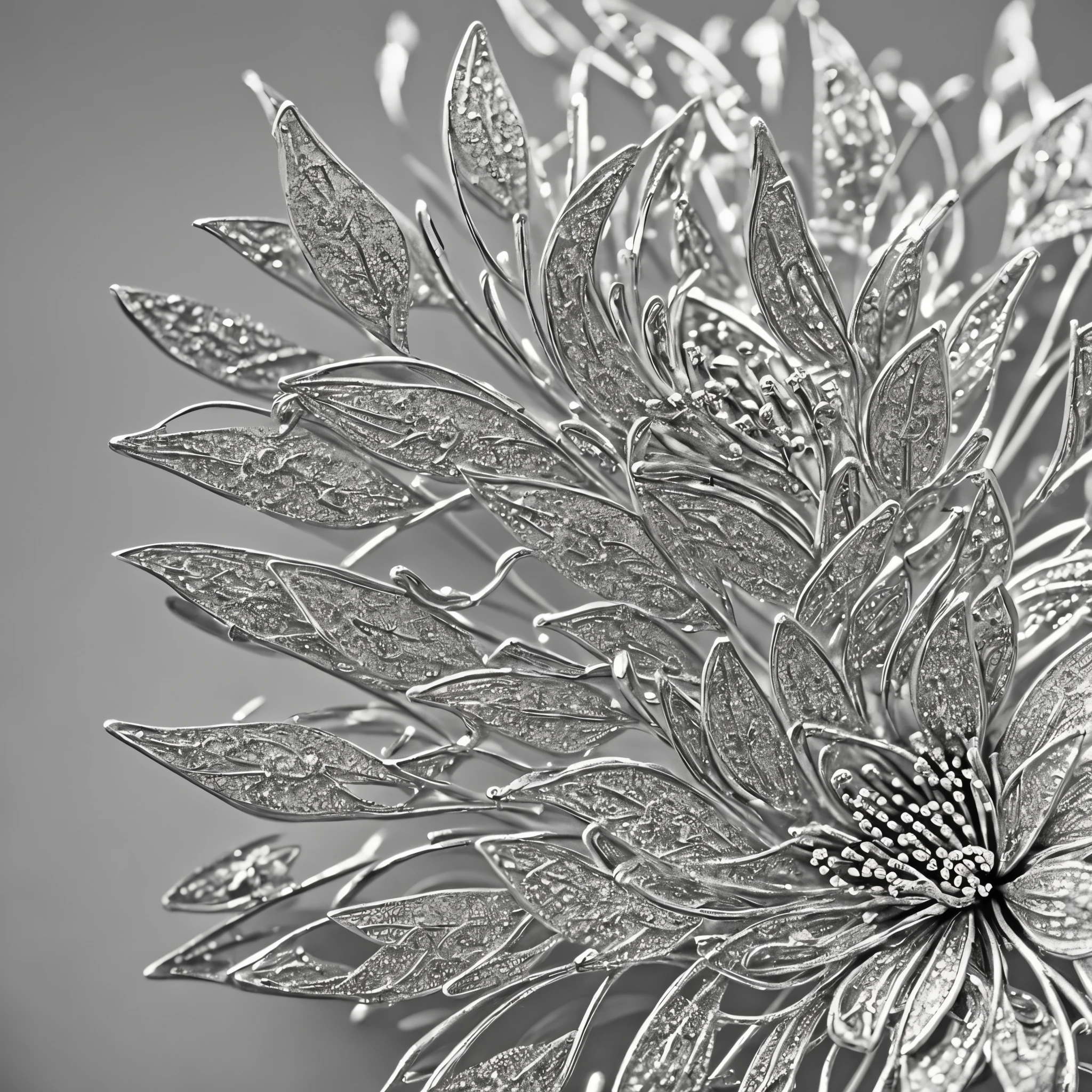 The Art of Metal (silver flower decoration), silver flowers, white metal, Metallic flowers, intricate detials, silver art, higly detailed, Feature photo, Film grain, Realistic