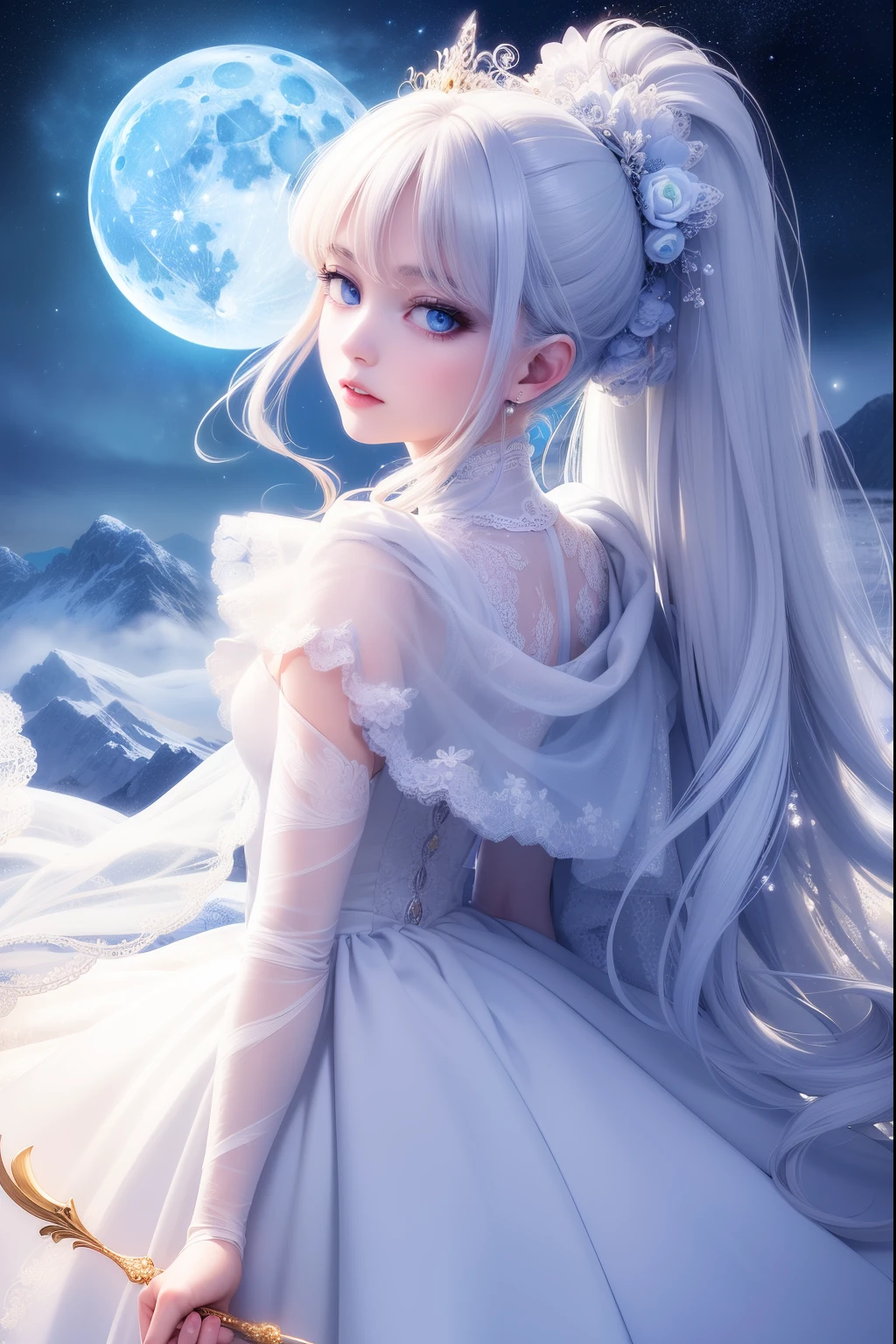 masterpiece, (best quality:1.2), (ultra-detailed:1.2), illustration, (an extremely delicate and beautiful:1.2),cinematic angle,floating, (beautiful detailed eyes:1.1), (detailed light:1.1),cinematic lighting, beautifully detailed sky, women, white hair, blue eyes, (high ponytail:1.1), cloak, glowing eyes, (moon:1.2), (moonlight:1.1), starry sky, (lighting particle:1.1), fog, snow painting, sketch, bloom