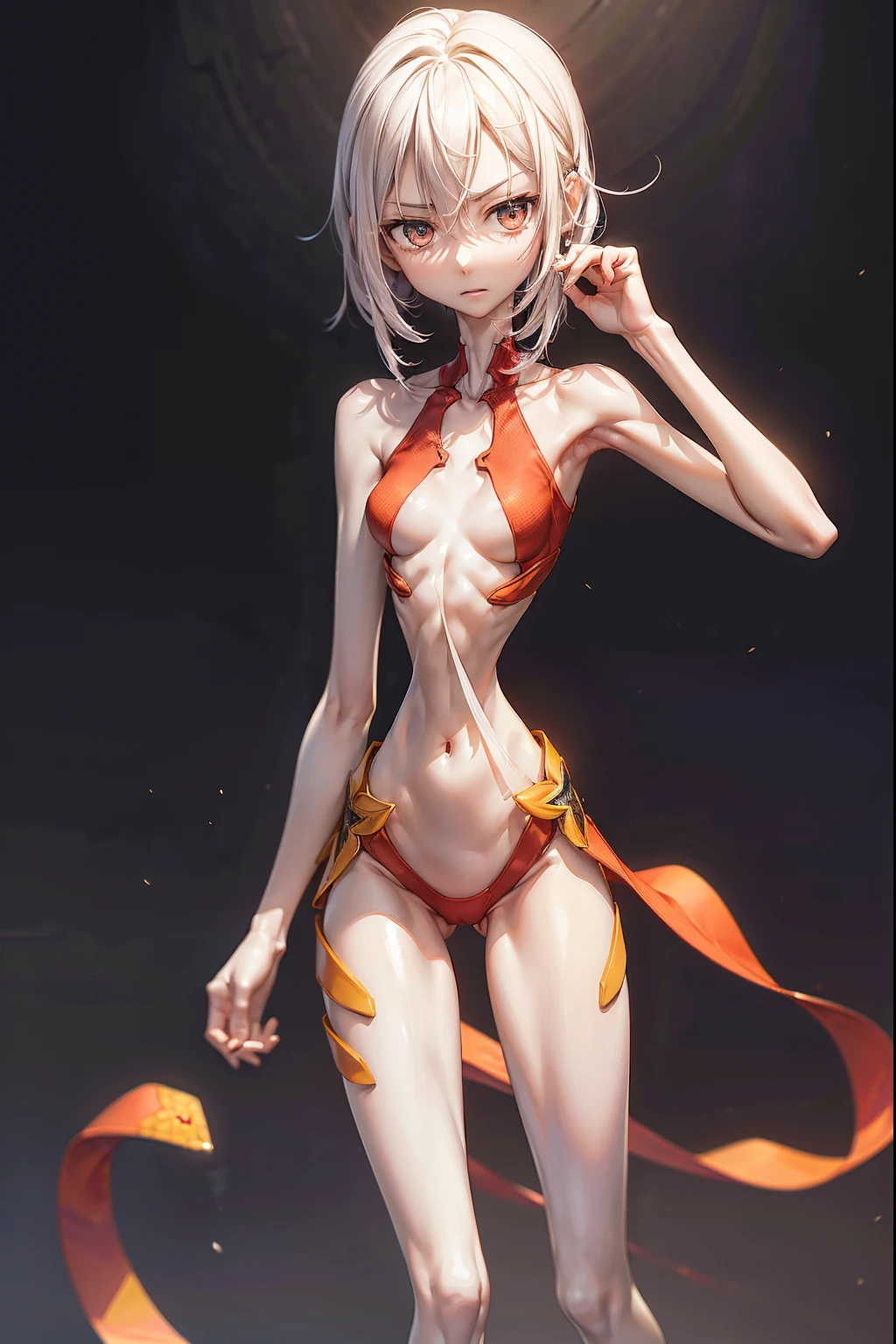 {Best quality:1.2},{{Masterpiece}},(Ultra-detailed:1.2),(Hyper-realistic:1.2), Glowing skin,hyper HD,HighestQuali,(Extremely slim and boney waist:1.3),The ribs are very noticeable,The hip bone is very noticeable,The pelvis is very visible,The abdomen is extremely sunken,Extremely malnourished abdomen,(Extremely thin and slender body:1.5),(The legs are very slender and thin:1.25),Extremely correct hand structure,Ultimate hand detail,(extremely Slim:1.2),(extremely Skinny),very boney,solo person,outfit-inori,(extremely petite and small body:1.2)