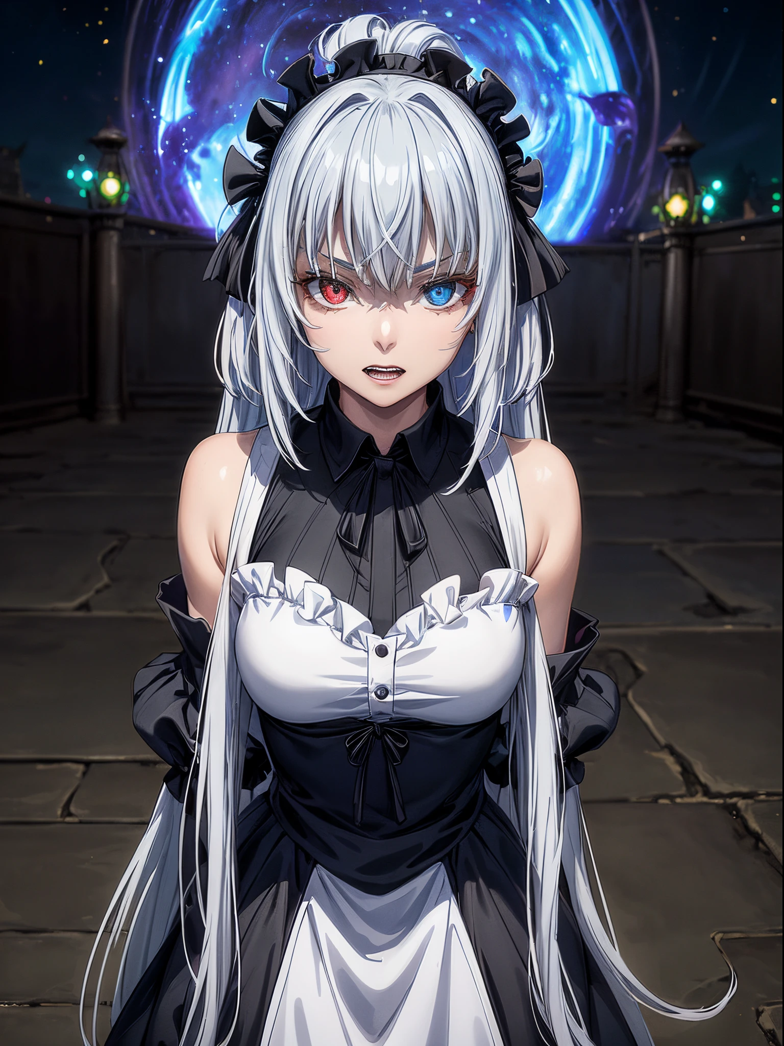 1 girl, (Ruminas de tensei shitara slime datta ken), silver hair, (((heterochromatic eyes shine a deep sky blue and light red))), very beautiful, (((two canine teeth ))) , ((( vampire teeth))), (right iris bright red), (left iris bright blue), gothic dress, (set inside a horror castle), wearing black ankle-length high-heeled boots, standing, reflection of eyes, glowing eyes, bad mood, anime, anime style, ray tracing, cinematic lighting, panorama, Sony FE, UHD, UHD, masterpiece, accurate, textured skin, super detail, high details, best quality, high resolution, 16k