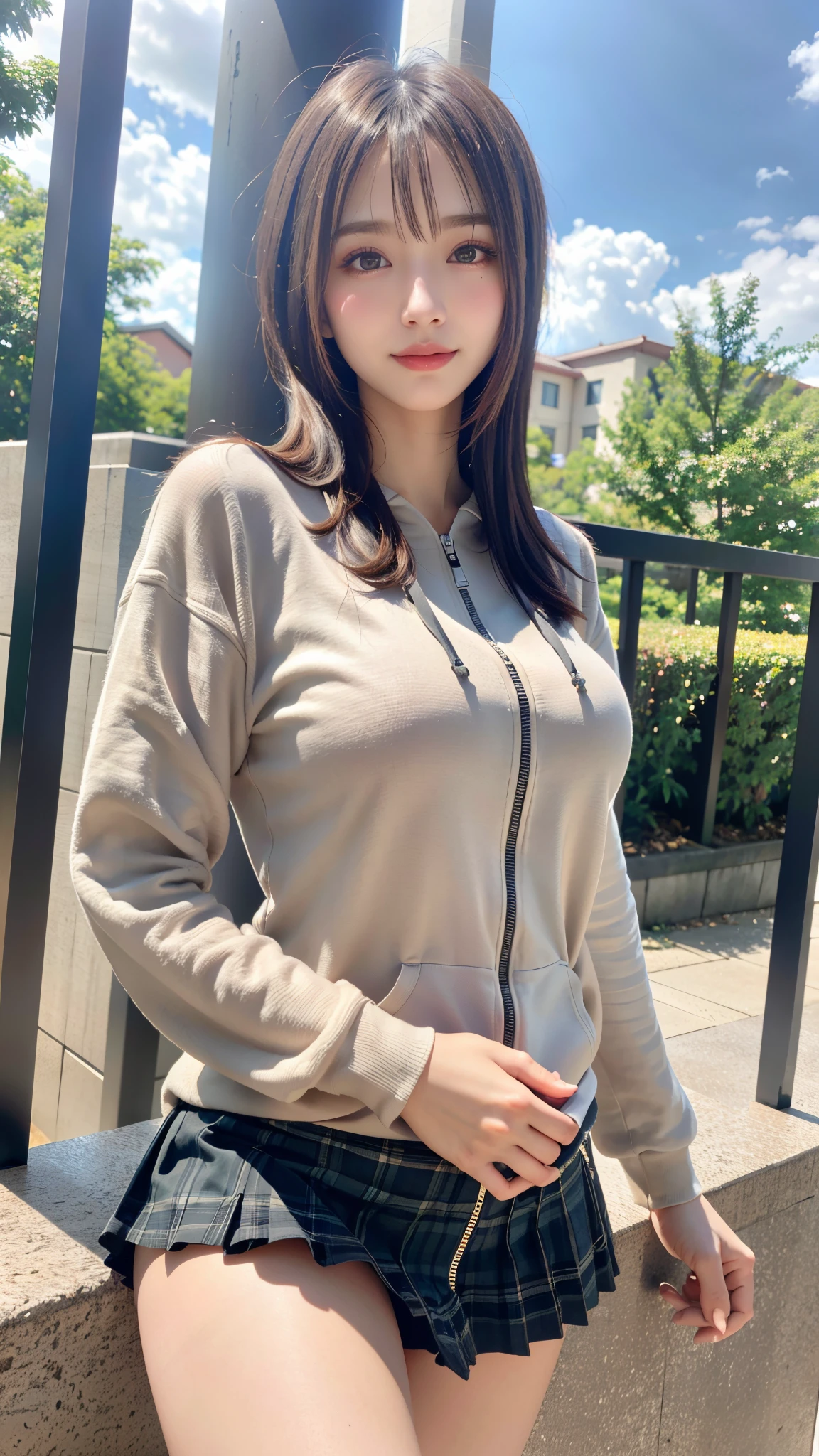 1 beautiful young girl, Super beautiful detailed face, shyly smile, Symmetrical black eyes), hime cut hair, (Fine face:1.2), High quality, Realistic, extremely detailed CG unified 8k wallpaper, Highly detailed, High-definition raw color photos, Professional Photography, Realistic portrait, Cinematic Light, Beautiful detailed, Super Detail, high details, depth of fields, FULL BODYSHOT、Random sexy poses、Medium Hair、semi long hair、thighs thighs thighs thighs、beauty legs、Bare legs、 Super beautiful detailed face, shyly smile, medium breasts, Deep cleavage), (oversized full zip hoodie:1.3), (Grey tartan check pleated skirt), (skirt lift by myself), (flip up the skirt), (lace panties, show panties:1.3), (Skirt blowing in the wind:1.3),You can see the valley、KPOP Idol Face,