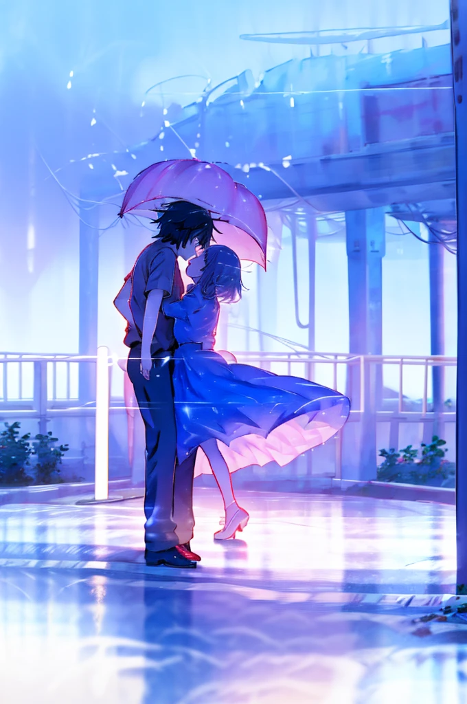 A boy and a girl are danceing in the Rain, the boy is taller then the girl,