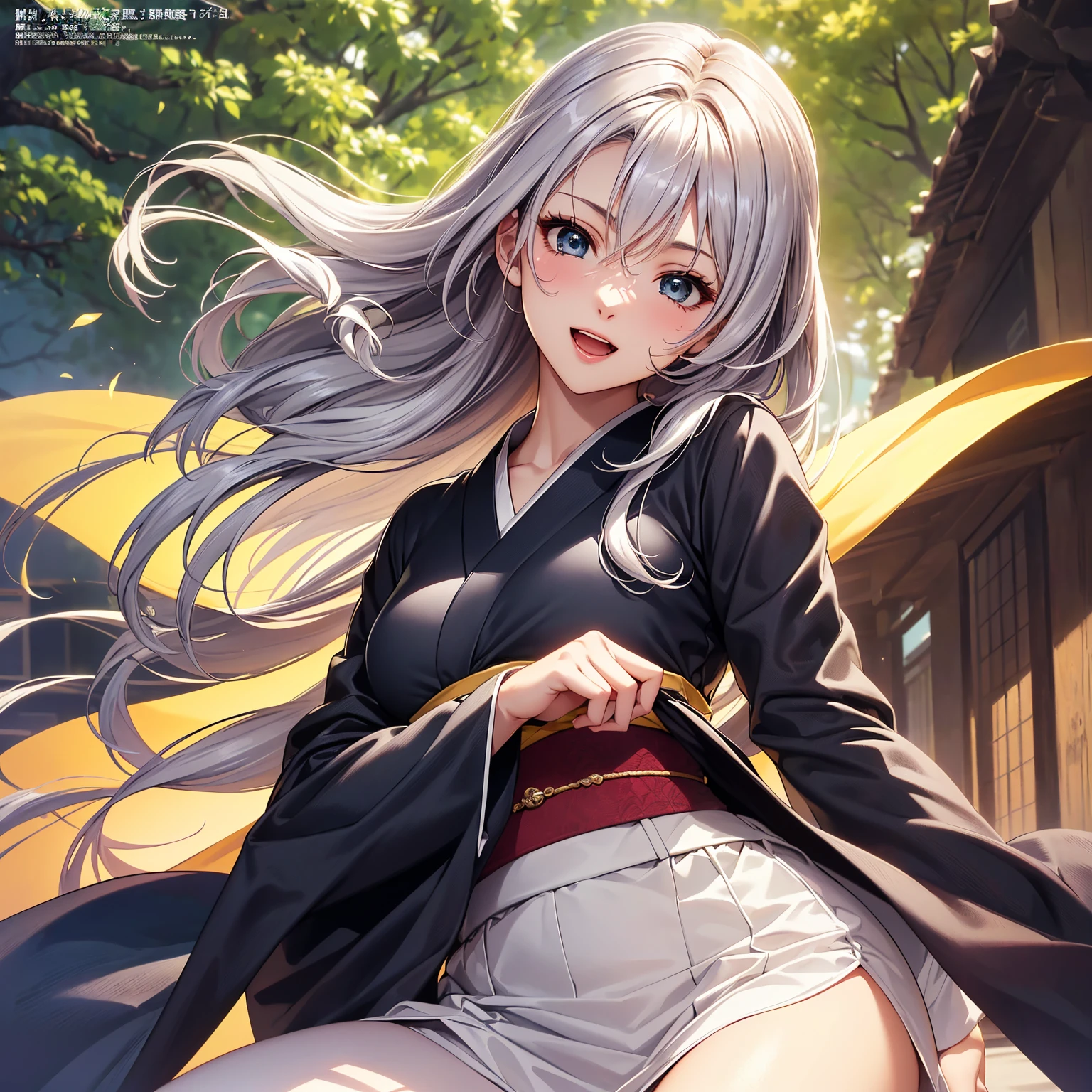 (top-quality、masterpiece、very high res、An ultra-high picture quality、High quality pixels)、(She is an extremely beautiful woman、And she is 18 years old、1 person、Single、独奏:1.5)、(She is a very beautiful woman with a beautiful face)、(Beautiful face written in detail,Beautiful body,Eyes with a strong will,Beautiful eyes,beautiful silver hair,Beautiful skin texture)、(Beautiful hair quality,Variety of hairstyles)、(Slender body and beautiful breasts)、(Lovely smile,Open mouth)、(Furisode figure,Furisode wearing,Beautifully colored long-sleeved kimono,adult-like),(model poses,modelshoot,Magazine shooting,Hair flutters under the influence of the wind),The wind is blowing、Beautiful Art Style,an animated character、(The whole picture、Detailed picture、accurate anatomy、Defect-free images、extremely detailed picture、Accurate images、image perfect)、(Best Shot Photo 1.2)
