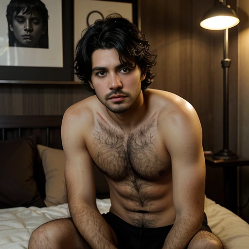 photography of a ugly boy, black hair, sitting at bedroom, lazy, symmetrical eyes, symmetrical face, photorealistic, photography, path tracing, specular lighting, volumetric face light, path traced hair, visible shadows, intricate, elaborate, hyper realistic, facial hair, sad, short messy hair, nudity, hairy body