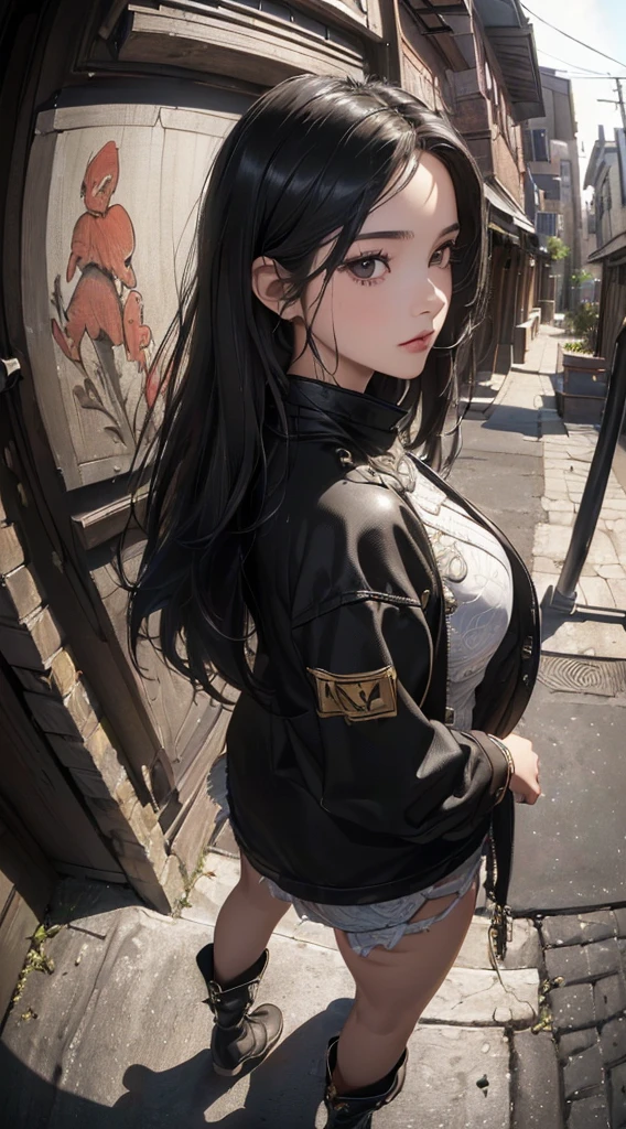 (((8k wallpaper of extremely detailed CG unit:1.2, masterpiece, hight resolution:1.2, top-quality:1.2, masutepiece))), ((a very beautiful woman, Hands in pockets:1.8, Street fashion:1.3, Wearing a jacket:1.3, Wearing boots)), ((extra detailed face, Highly detailed black eyes, extra detailed body, Top quality real texture skins)), (A dark-haired:1.2, straight haired:1.2, The long-haired, de pele branca), ((natta, Back alley, stairway)), (high-angle:1.1, a closeup, Fisheye:1.4), hyper realisitic, digitial painting,