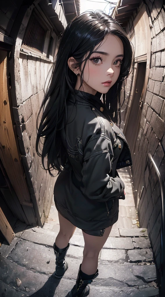 (((8k wallpaper of extremely detailed CG unit:1.2, masterpiece, hight resolution:1.2, top-quality:1.2, masutepiece))), ((a very beautiful woman, Hands in pockets:1.8, Street fashion:1.3, Wearing a jacket:1.3, Wearing boots)), ((extra detailed face, Highly detailed black eyes, extra detailed body, Top quality real texture skins)), (A dark-haired:1.2, straight haired:1.2, The long-haired, de pele branca), ((natta, Back alley, stairway)), (high-angle:1.1, a closeup, Fisheye:1.4), hyper realisitic, digitial painting,