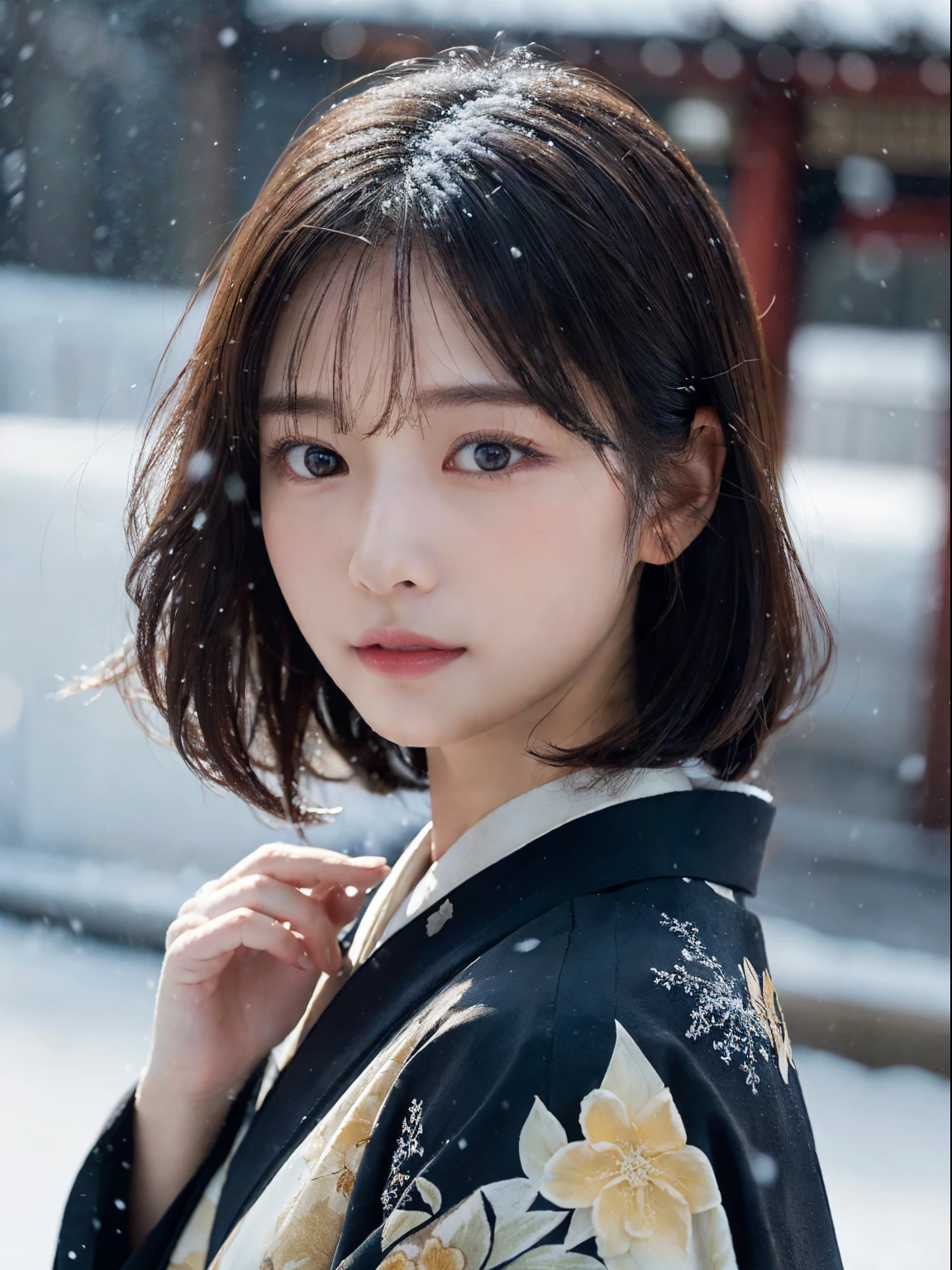 (Kimono)、、(top-quality,masterpiece:1.3,超A high resolution,),(ultra-detailliert,Caustics),(Photorealsitic:1.4,RAW shooting,)Ultra-realistic capture,A highly detailed,high-definition16Kfor human skin、 Skin texture is natural、、The skin looks healthy with an even tone、 Use natural light and color,One Woman,japanes,,kawaii,A dark-haired,Middle hair,(depth of fields、chromatic abberation、、Wide range of lighting、Natural Shading、)、、(Falling snow:1.3)、(Hair swaying in the wind:1.2)、(Snow reflects light:1.3)