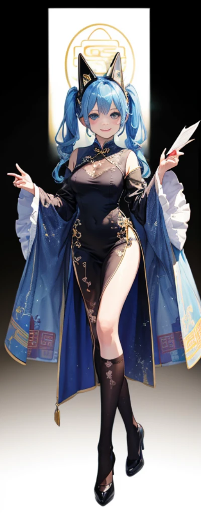 (Full body photo),Fluorescent background,(1 Witch,Flash fluorescence,Hats,Transparent tulle cheongsam,Delicate headgear,ssmile),(paper art,Quilted paper art,geometry),(Lots of colors,Best quality,high detal,tmasterpiece,movie light effect,4K,lightand shade contrast),Blue transparent tulle cheongsam,pigtails,Red knee-length socks,luminous totem,eBlue eyes,blue hair and big breasts,long braid,
