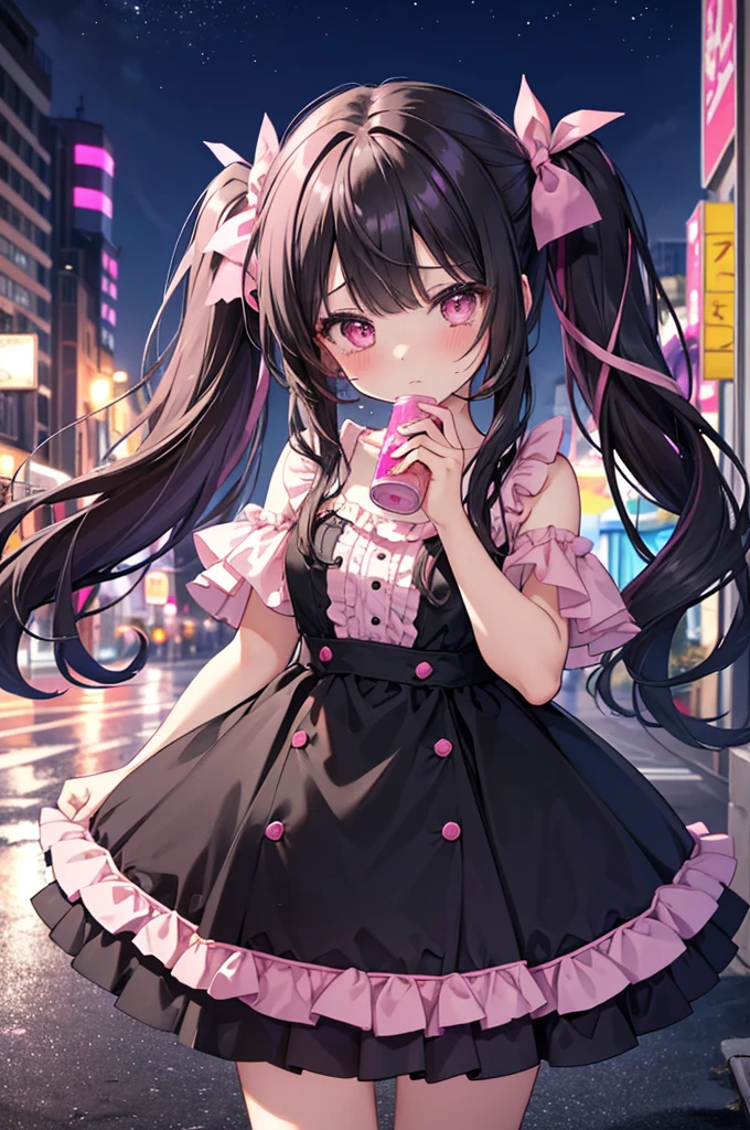 masterpiece, best quality, full body, 1girl, close up face, twintail, black hair, pink highlights on front hair, pink ribbons, black and pink frill dress, cute dress, {have pink drink kan}, crying a little, city of night, city lights