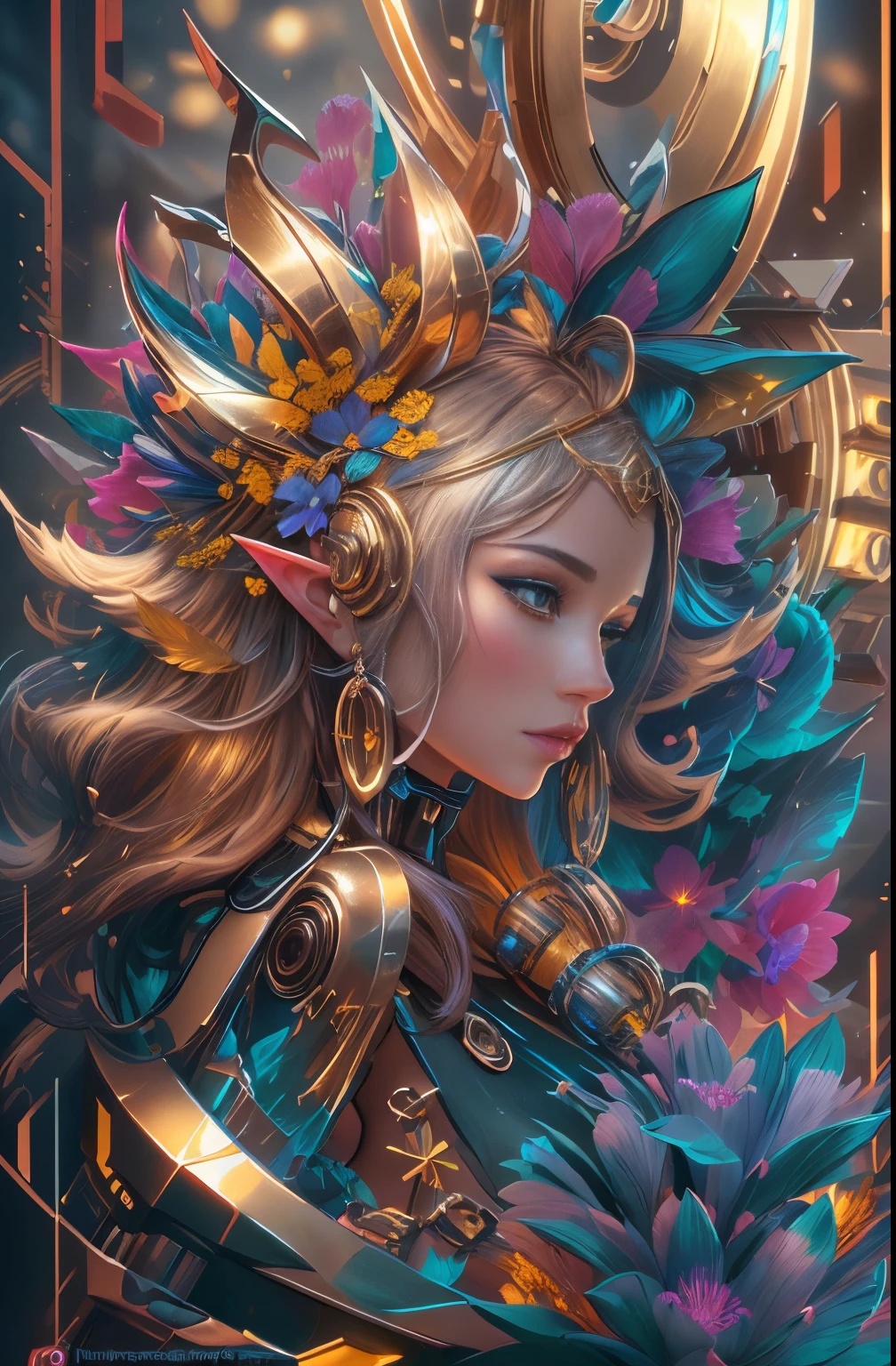 Future ethereal metal mechanical flower，futuristic metal flower，Mechanical Department，Golden petals，gold leaves，blue colors，futuristic twist production，The process is complicated，glyphic，futuristic industrial background，Future cyberpunk ethereal girl，Future mechanical ethereal girl headwear，Arafad woman with gold and blue alloy flowers, Complex WLOPs, 3D rendered figure art 8K, beautiful fantasy art portrait, beautiful fantasy portrait, fantasy art portrait, fantasy concept art portrait, Side portrait of elven royalty, hyper-detailed fantasy character, gorgeous digital art, fantasy art behance, Beautiful digital artwork, 4k highly detailed digital art