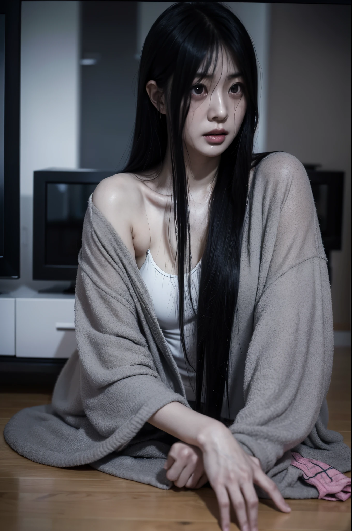 Sadako, soaking, wet robe, gray colored skin, Hair covers the face, sexy for.Sadako crawled out of the TV，A woman lying on the floor in front of the TV, japanese horror, style of hajime isayama, japanese horror movie footage, Junji Ito 4K, japanese pop surrealism