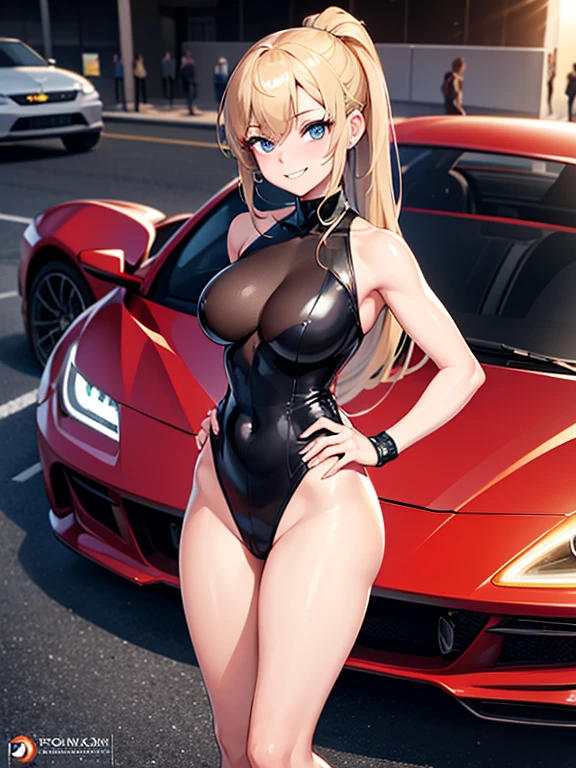 (greatest masterpiece, ultimate quality, ultra-detailed, movie lighting),1girl, solo, super fine illustration, an extremely delicate and beautiful, 8K, 21 year old, utmost beauty university student, auto show, daring leotard, concept car, close up, low angle view, long ponytail, striking a pose, hand on hip, car promoters modeling, exhibition hall bustling, snapping photos, luxury sports car, company logos on podiums, reflector boards flashing, feeling a little embarrassed but smiling through it, newer cars in background, giving her best, appreciative audience.