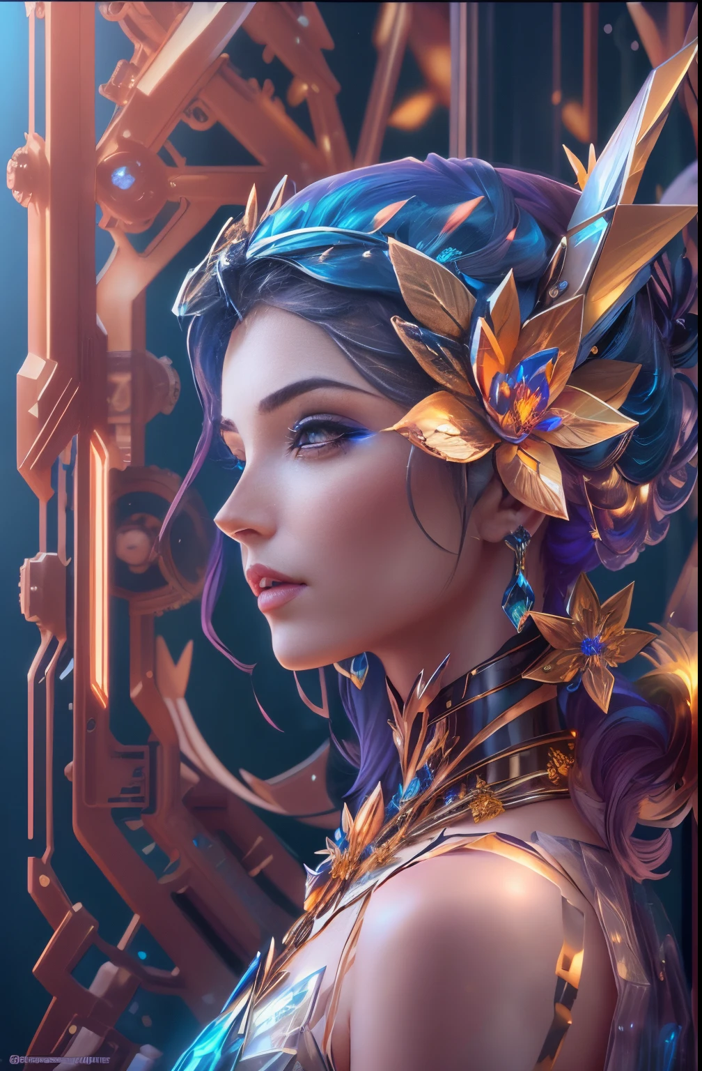 Future ethereal metal mechanical flower，futuristic metal flower，Mechanical Department，Golden petals，gold leaves，blue colors，futuristic twist production，The process is complicated，glyphic，futuristic industrial background，Future cyberpunk ethereal girl，Future mechanical ethereal girl headwear，Arafad woman with gold and blue alloy flowers, Complex WLOPs, 3D rendered figure art 8K, beautiful fantasy art portrait, beautiful fantasy portrait, fantasy art portrait, fantasy concept art portrait, Side portrait of elven royalty, hyper-detailed fantasy character, gorgeous digital art, fantasy art behance, Beautiful digital artwork, 4k highly detailed digital art