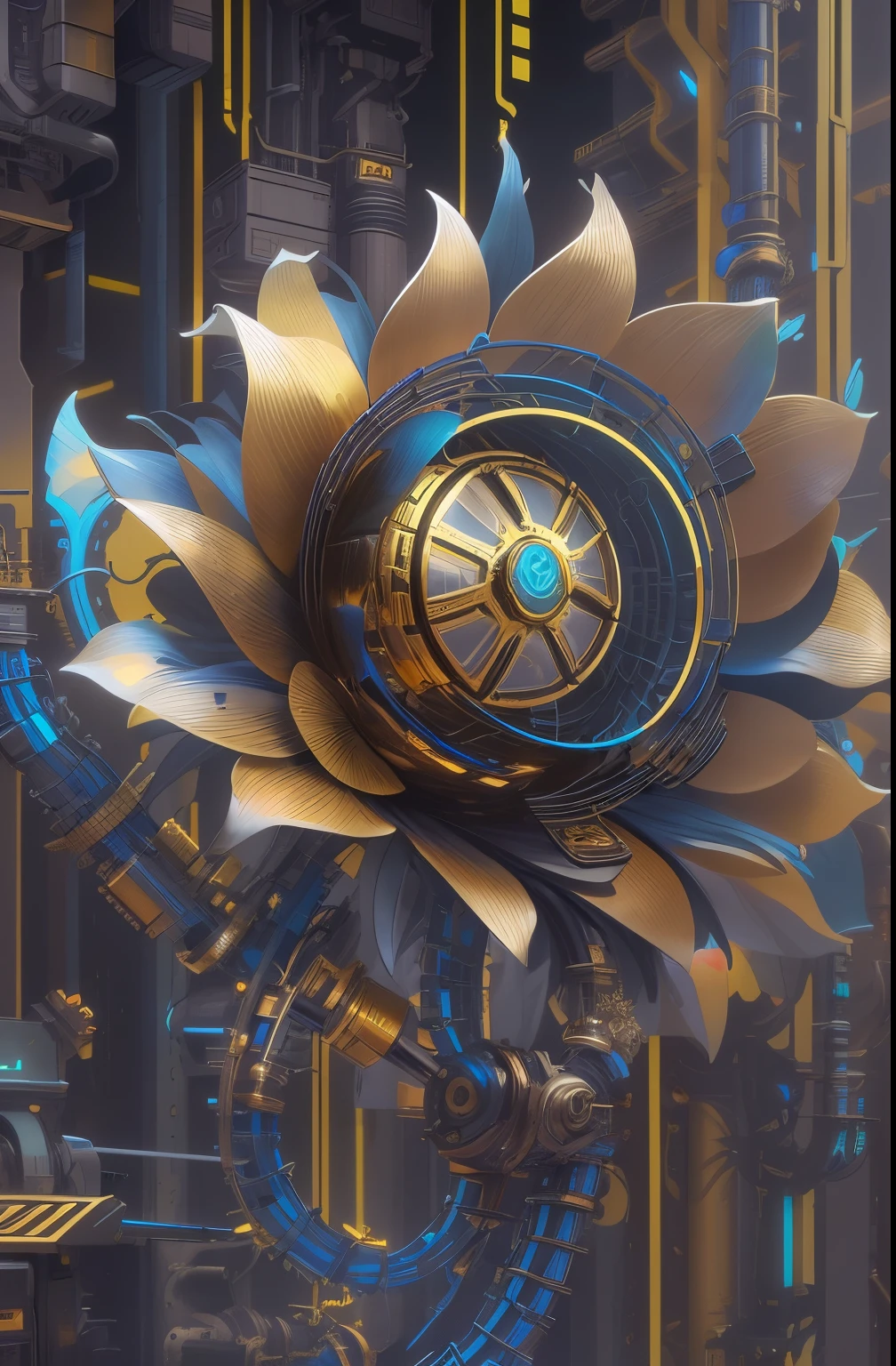Future ethereal metal mechanical flower,futuristic metal flower,Mechanical Department,Golden petals,gold leaves,blue colors,futuristic twist production,The process is complicated,sculpted,futuristic industrial background,Future cyberpunk girl,Future Mechanical Girl Headgear