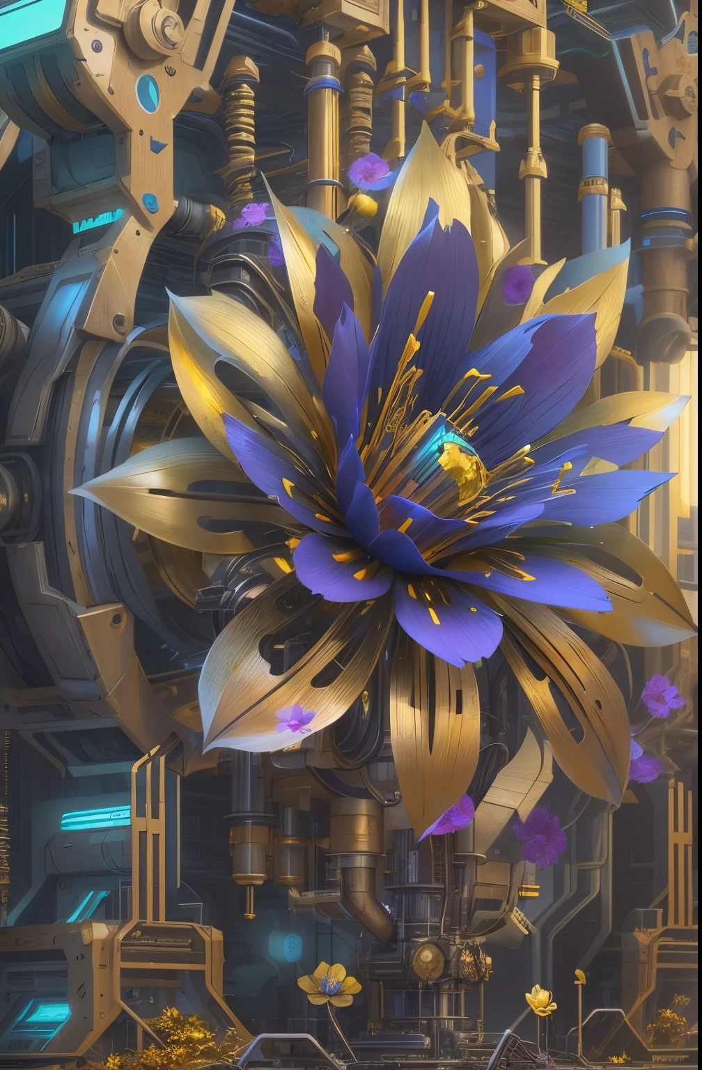 Future ethereal metal mechanical flower,futuristic metal flower,Mechanical Department,Golden petals,gold leaves,blue colors,futuristic twist production,The process is complicated,Carved,futuristic industrial background,Future cyberpunk girl