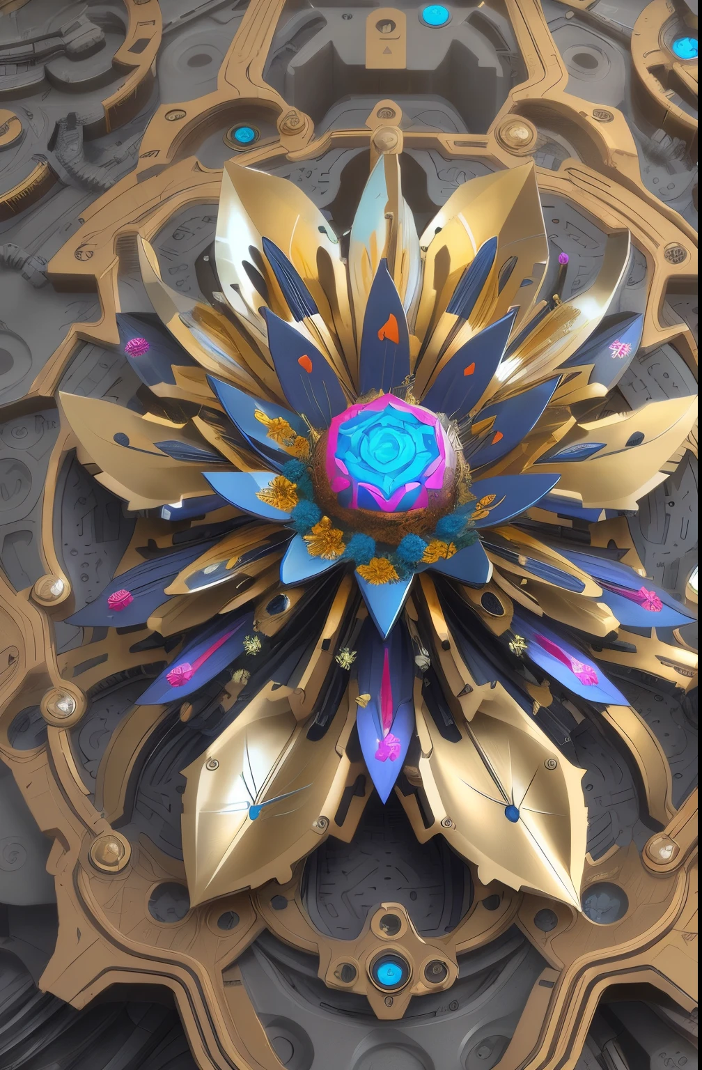 Future ethereal metal mechanical flower，futuristic metal flower，Mechanical Department，Golden petals，gold leaves，blue colors，futuristic twist production，The process is complicated，Beautifully carved，futuristic industrial background，Futuristic cyberpunk girl