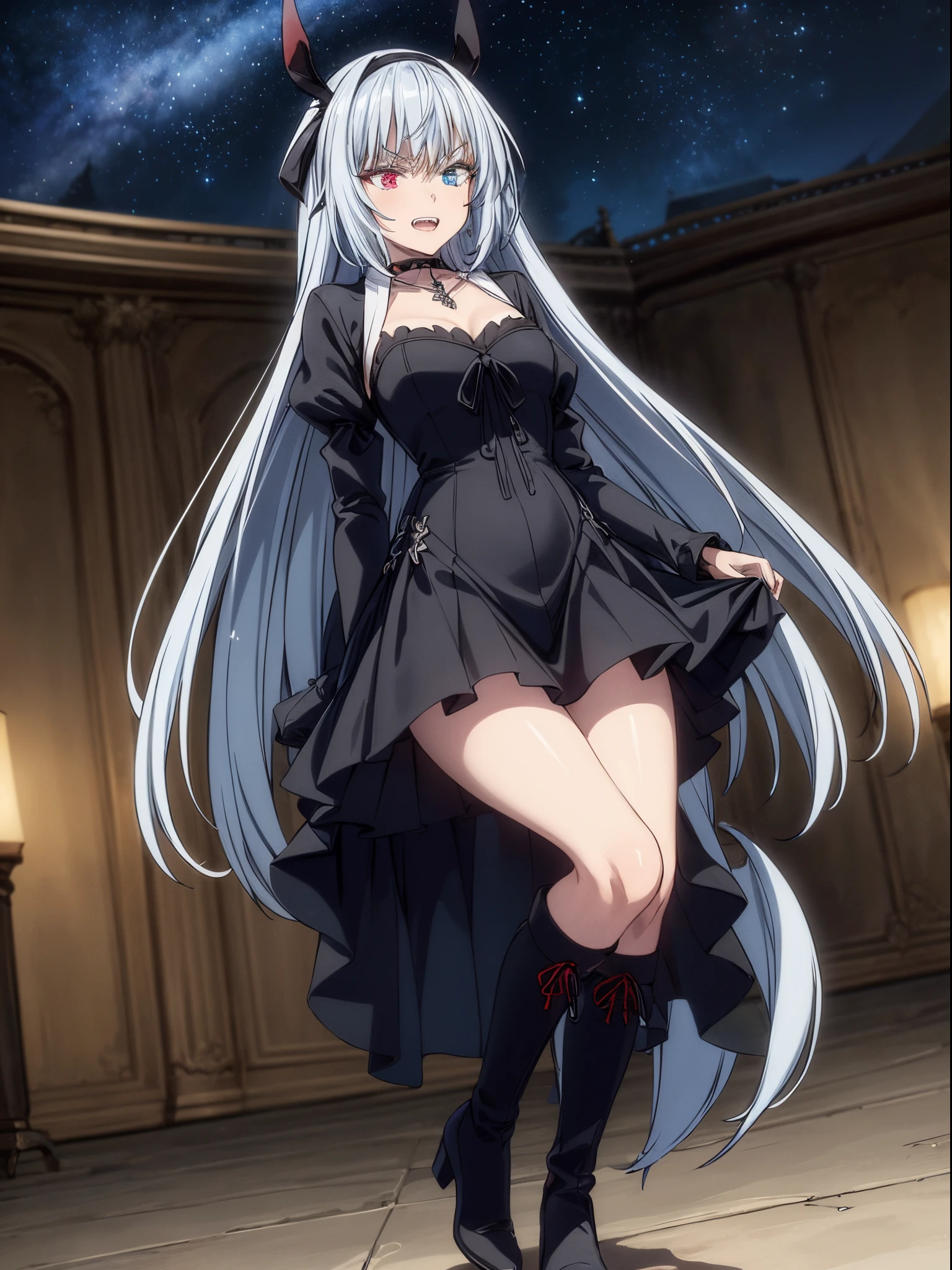 1 girl, (Ruminas de tensei shitara slime datta ken), silver hair, (((heterochromatic eyes shine a deep sky blue and light red))), very beautiful, (((two canine teeth ))) , ((( vampire teeth))), (right iris bright red), (left iris bright blue), gothic dress, (set inside a horror castle), wearing black ankle-length high-heeled boots, (wearing a black ribbon tied to the right side of the head), standing, eye reflection, glowing eyes, bad mood, anime, anime style, ray tracing, cinematic lighting, panorama, Sony FE, UHD, UHD, masterpiece, precise, textured skin , super detail, high details, best quality, high resolution, 16k