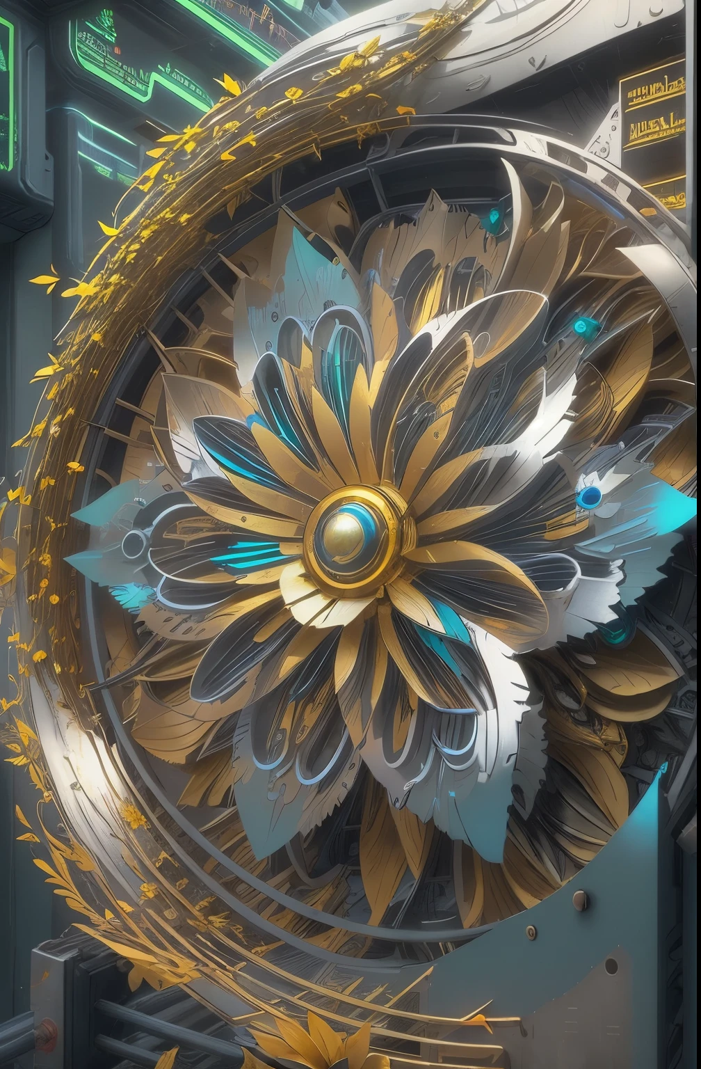 Future ethereal metal mechanical flower，futuristic metal flower，Mechanical Department，Golden petals，gold leaves，blue colors，futuristic twist production，The process is complicated，Beautifully carved，futuristic industrial background，Futuristic cyberpunk girl