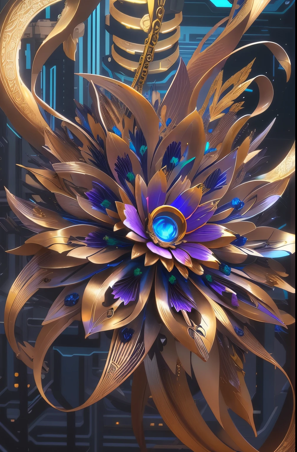 Future ethereal metal mechanical flower,futuristic metal flower,Mechanical Department,Golden petals,gold leaves,blue colors,futuristic twist production,The process is complicated,Beautifully carved,futuristic industrial background,Futuristic cyberpunk girl