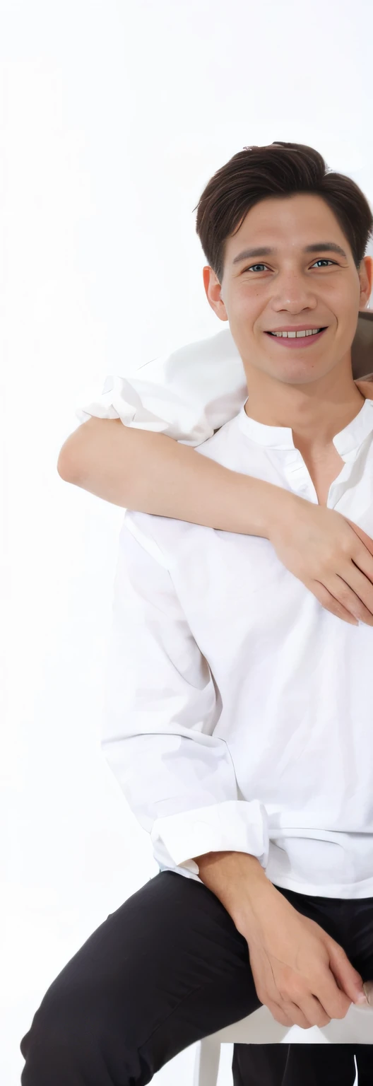 there is a man and woman sitting on a chair together, white sleeves, wearing white shirt, clothed in white shirt, wearing white cloths, white clothes, woman holding another woman, wearing a white shirt, in white clothes, intertwined full body view, wearing white clothes, white shirt, arm around her neck, white background!!!!!!!!!!, white wrinkled shirt