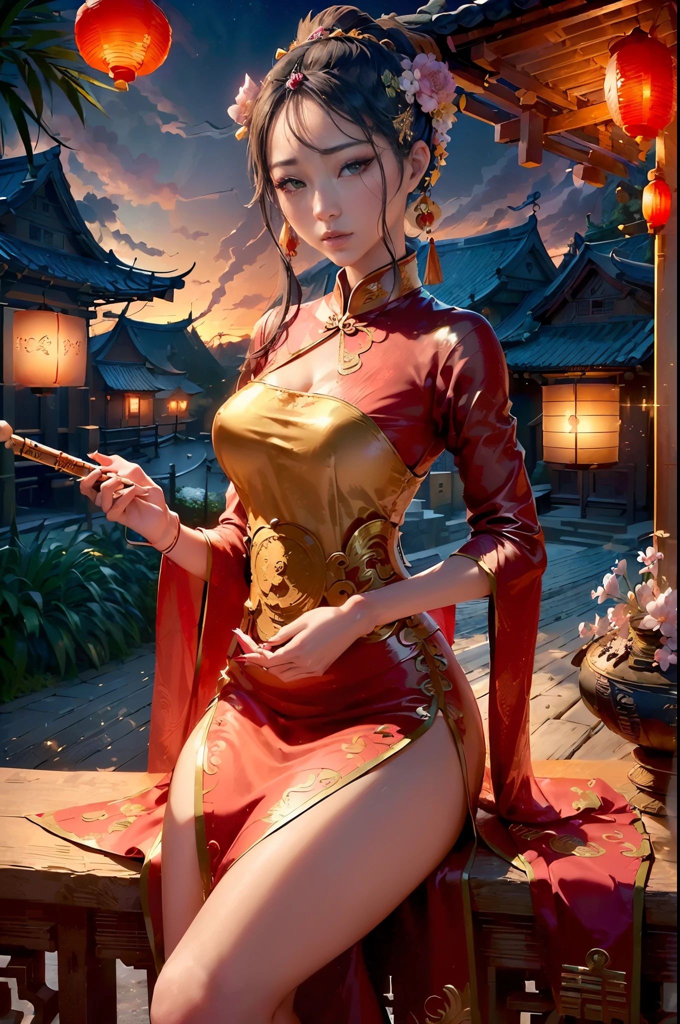 ((generate a beautifull chinesse lady, wearing luxury traditional chinesse dress playing bamboo flute ,traditonal chinesse ornament,chinesse lantern, statue, beautifull sky, beautifull scene, detail chinesse village houses, detail road, beautifull face, pretty face, beautifull eyes, beautifull nose, raytracing, beautifull fingers, beautifull hands, (4 fingers in 1 hand),closed up photoshoot, pretty makeup, perfect anatomy, good lighting, professional photoshoot, sharp eye, fresh lips)