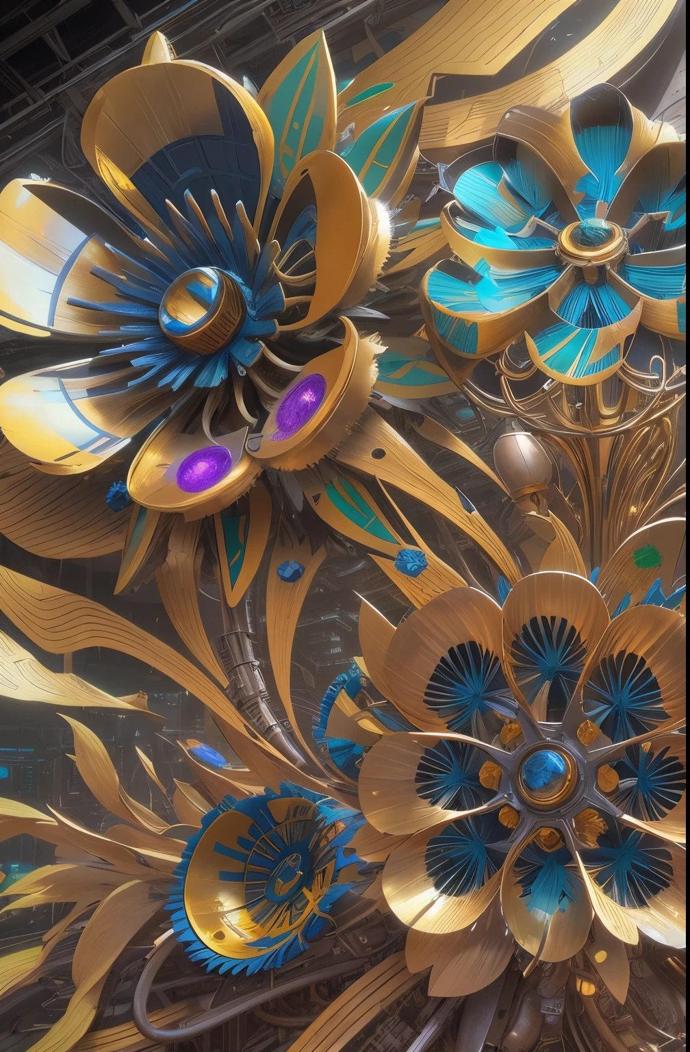 Future ethereal metal mechanical flower,futuristic metal flower,Mechanical Department,Golden petals,gold leaves,blue colors,futuristic twist production,The process is complicated,Beautifully carved,futuristic industrial background,Futuristic cyberpunk girl