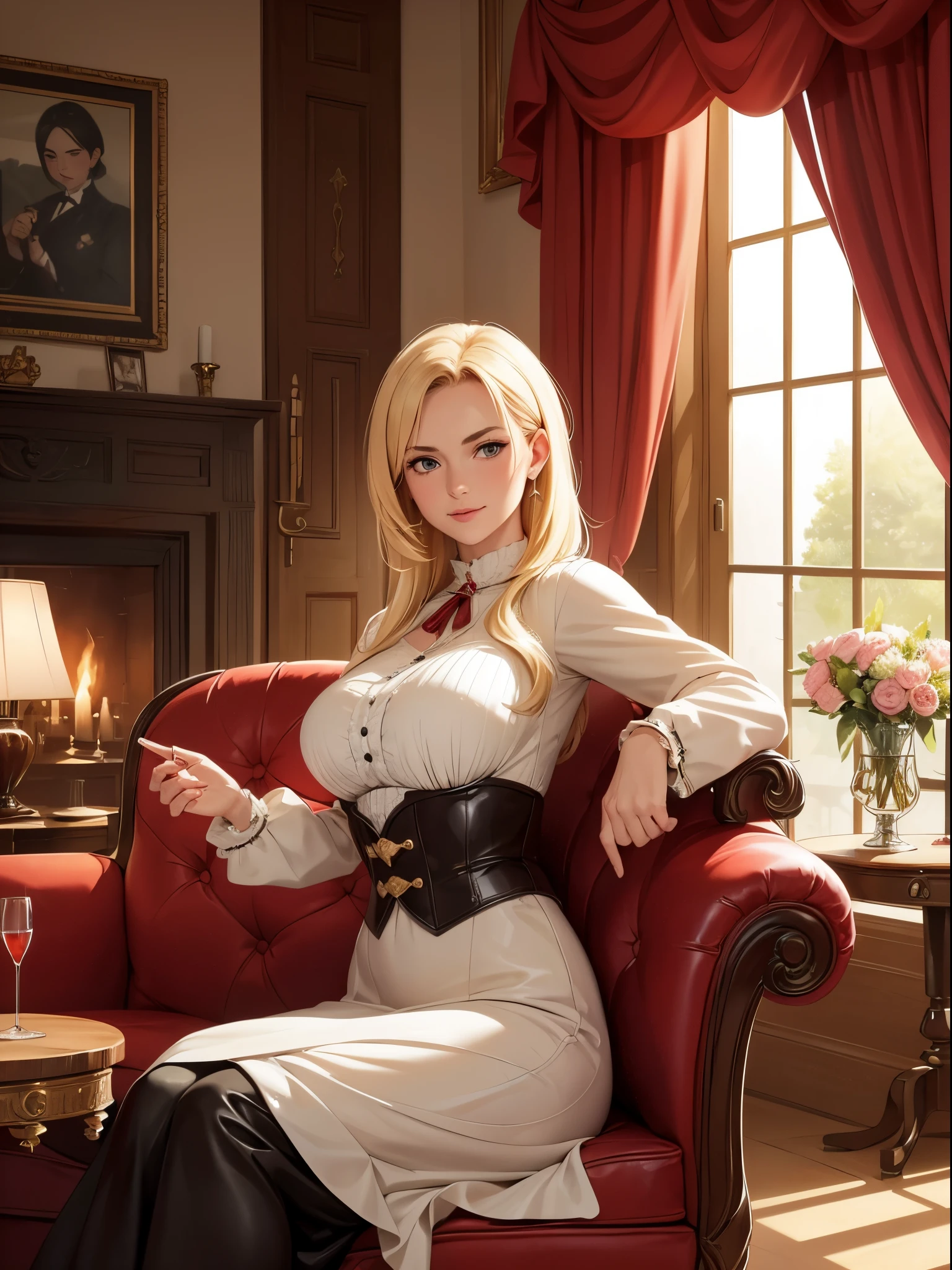 1999Of year30Portrait of a blonde French lady, Period Dresses, Genuine leather, You can take selfies while sitting as if you were using a smartphone., (Living room with period furniture, Moody Soft Light: 1.2),Gentle smiling face,(huge chest:1.3)