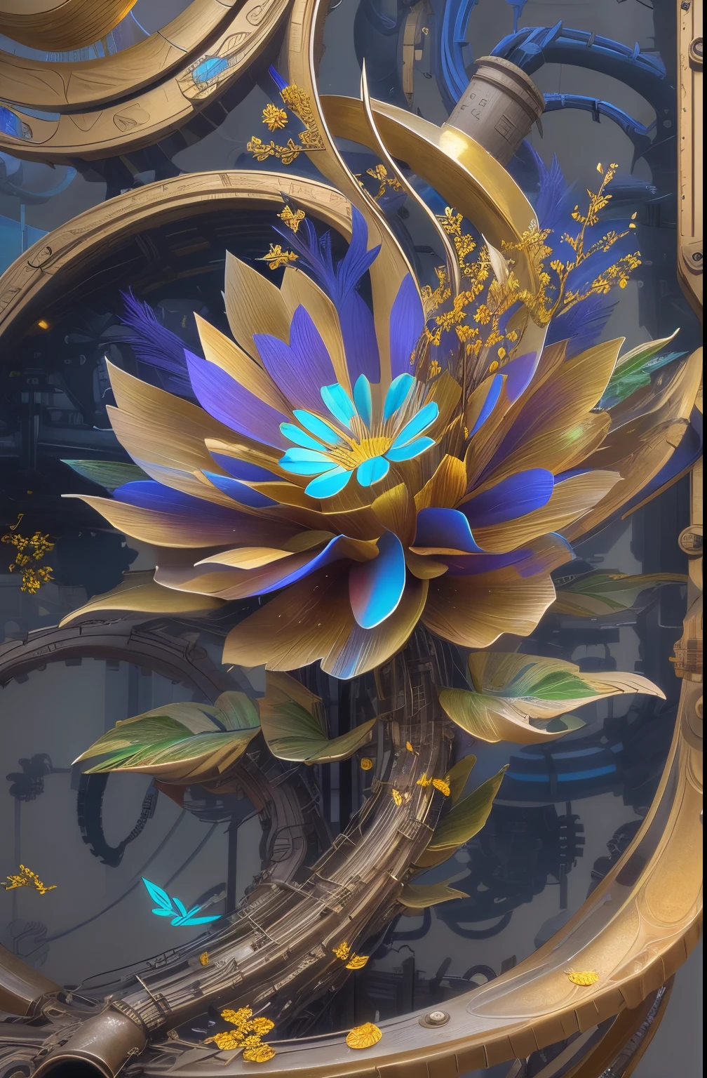Future ethereal metal mechanical flower，futuristic metal flower，Mechanical Department，Golden petals，gold leaves，blue colors，futuristic twist production，The process is complicated，Beautifully carved，futuristic industrial background，Futuristic cyberpunk girl
