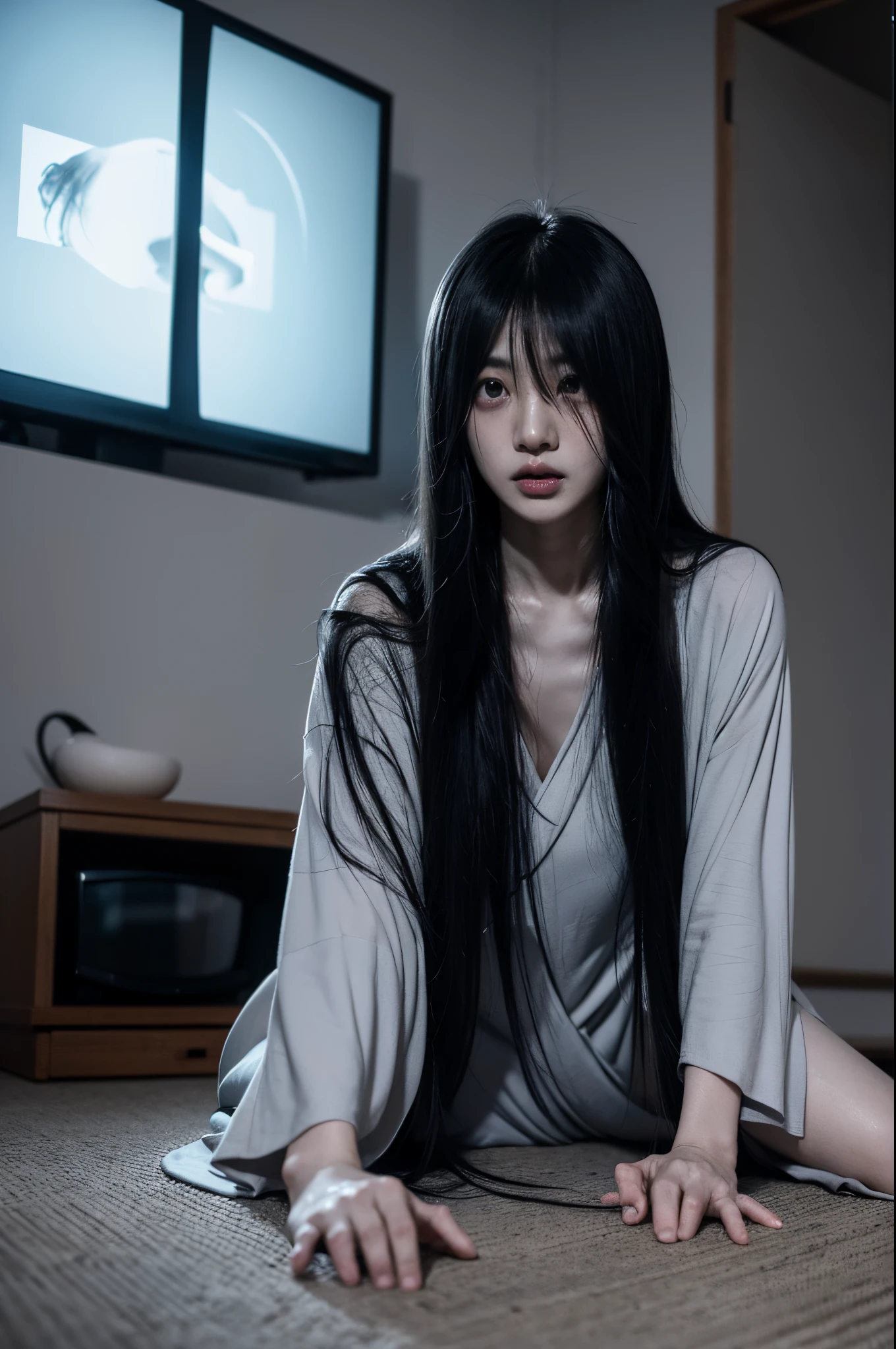 Sadako, soaking, wet robe, gray colored skin, Hair covers the face, sexy for.Sadako crawled out of the TV，A woman lying on the floor in front of the TV, japanese horror, style of hajime isayama, japanese horror movie footage, Junji Ito 4K, japanese pop surrealism