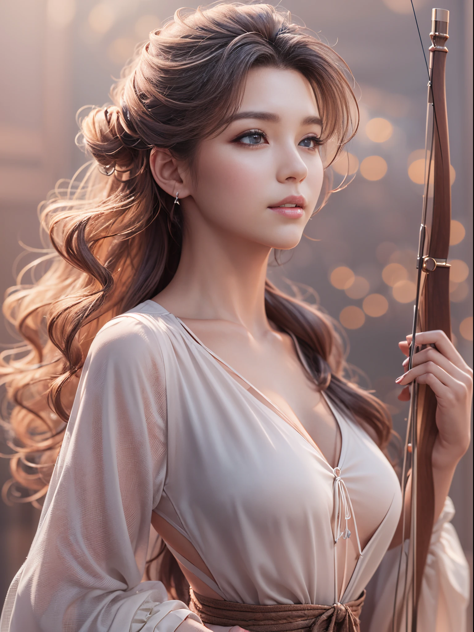 (((hunter beauty)))8k、Ultra-realistic details、An ultra-high picture quality、3d rendered、intelligent and beautiful profile、Holding a bow、Clothing with a wide open chest、supple waist curve、slender body、Super Wavy Hair、Bunching hair、Blur the background、