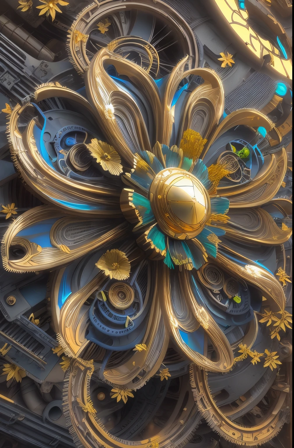 Future ethereal metal mechanical flower,futuristic metal flower,mechanical branch,golden petals,gold leaves,blue colors,futuristic twist production,The process is complex,Exquisite carvings,Futuristic industrial background