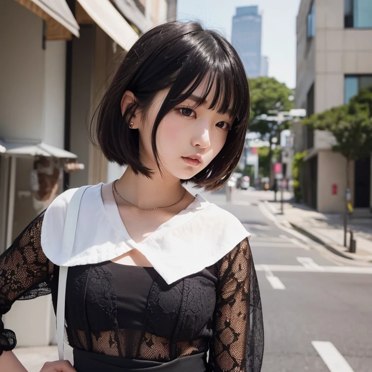 1girl in, 20yr old, gradient, up looking_で_viewer, Black_hair, Solo by JM, Yoshiko Akishino, Shorthair