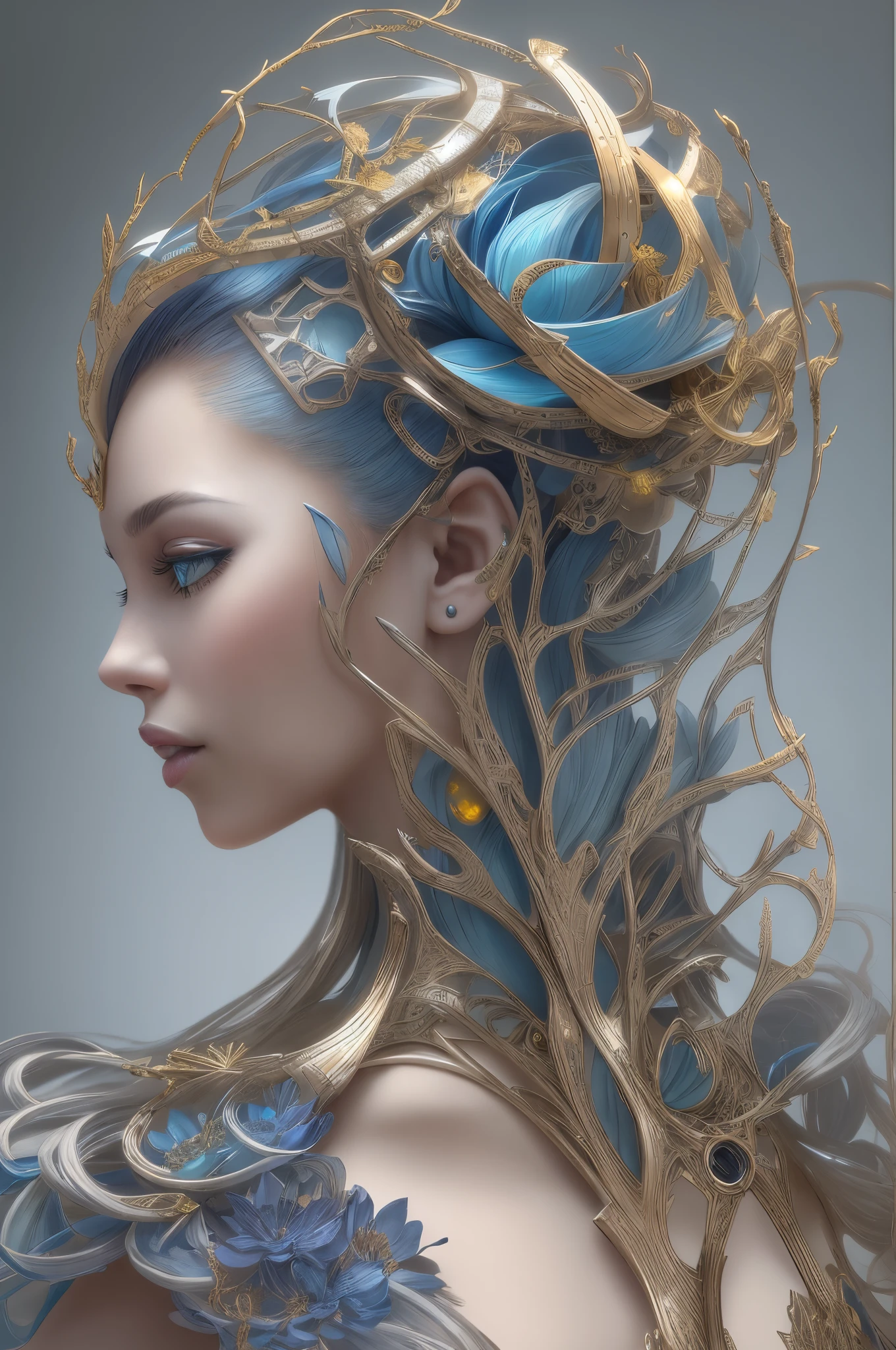 Futuristic ethereal metal mechanical flower,futuristic metal flower,Mechanical branches,metal leaf,Blue and gold,Futuristic twist production,Complex processes,exquisite coiffure engraving