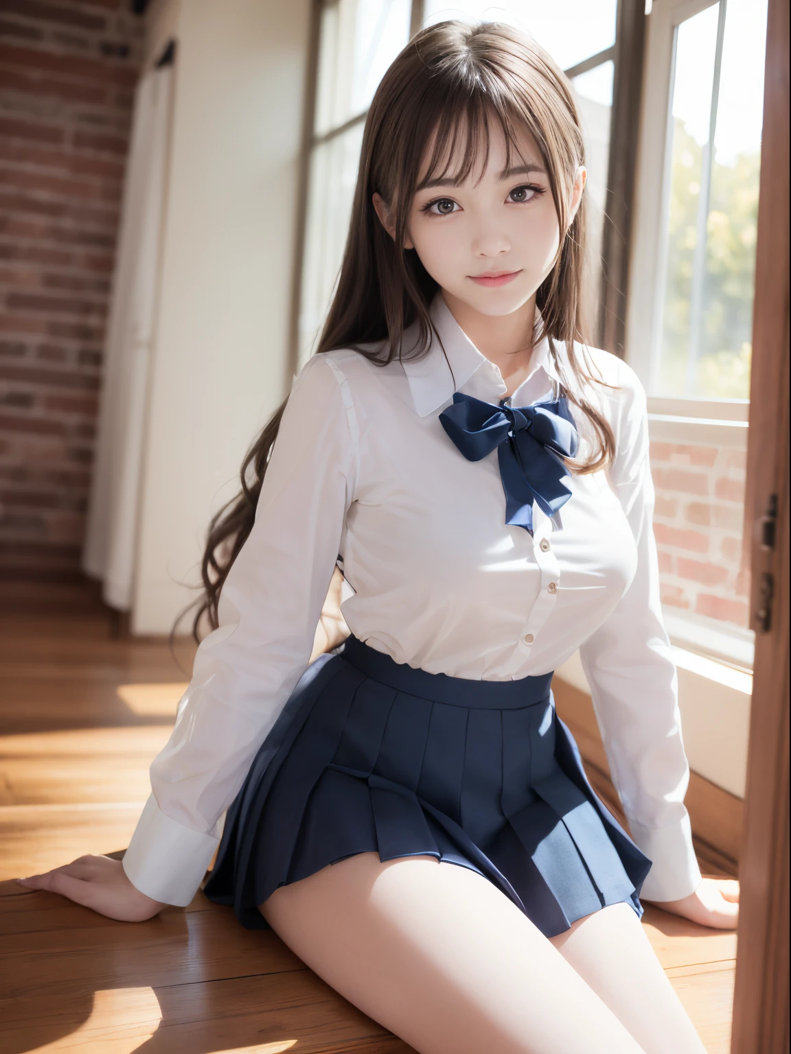 A hyper-realistic、8k photo、Ultra-realistic、The cutest perfect face in the world, flawless, clean, masterpiece、pro photo work、Perfect face、Beautiful face、Shining lapis lazuli eyes、Beautiful eyes、((Perfect female body))、(Slender body), a 18 year old girl、Solo, (Immersive atmosphere:1.5, highlight:1.2、(blush:0.5)、fascinated expression、Extremely detailed_Eyes are lapis lazuli、Large breasts、beautifullydetailedbackground、depth of fields、Realistic:1.3、longshot、1girl in、White shirt、Pleated skirt、Japan school uniform、Sit cute、Full body、(ambient lights:1.3)、(Cinematic composition:1.3)、Accent Lighting、White pantyhose、Neat and clean lady、
