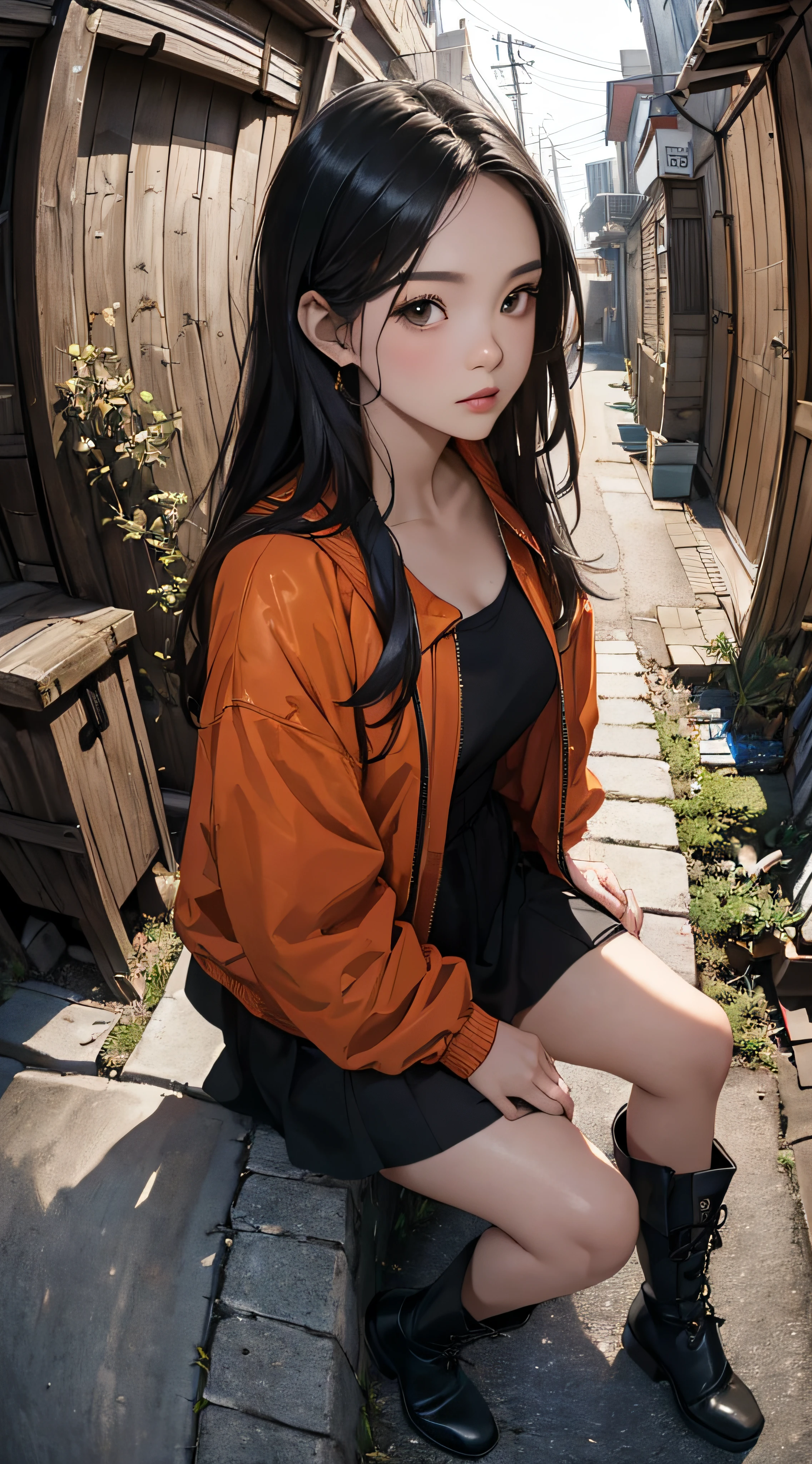 (((8k wallpaper of extremely detailed CG unit:1.2, masterpiece, hight resolution:1.2, top-quality:1.2, masutepiece))), ((a very beautiful woman, Hands in pockets:1.8, sitting in a bench:1.2, Street fashion:1.3, Wearing a jacket:1.3, Wearing boots)), ((extra detailed face, Highly detailed black eyes, extra detailed body, Top quality real texture skins)), (A dark-haired:1.2, straight haired:1.2, The long-haired, de pele branca), ((natta, Back alley, stairway)), (high-angle:1.1, a closeup, Fisheye:1.4), hyper realisitic, digitial painting,