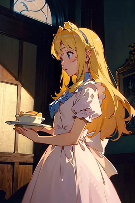 dream、Anime-like、Ghibli-ish、shot from front、Less shadow、Castella on a plate、big castella、Castella larger than a human、It looks delicious、dish、castella、top-quality, Poses, Correct anatomy, Beautiful body curves, Sketch beech, Daily Draw, vestments,Vintage、Wearing a dress、yellow castella、she leans on the castella、Cheek cane、Shoulder elbow、kawaii、Light pink color