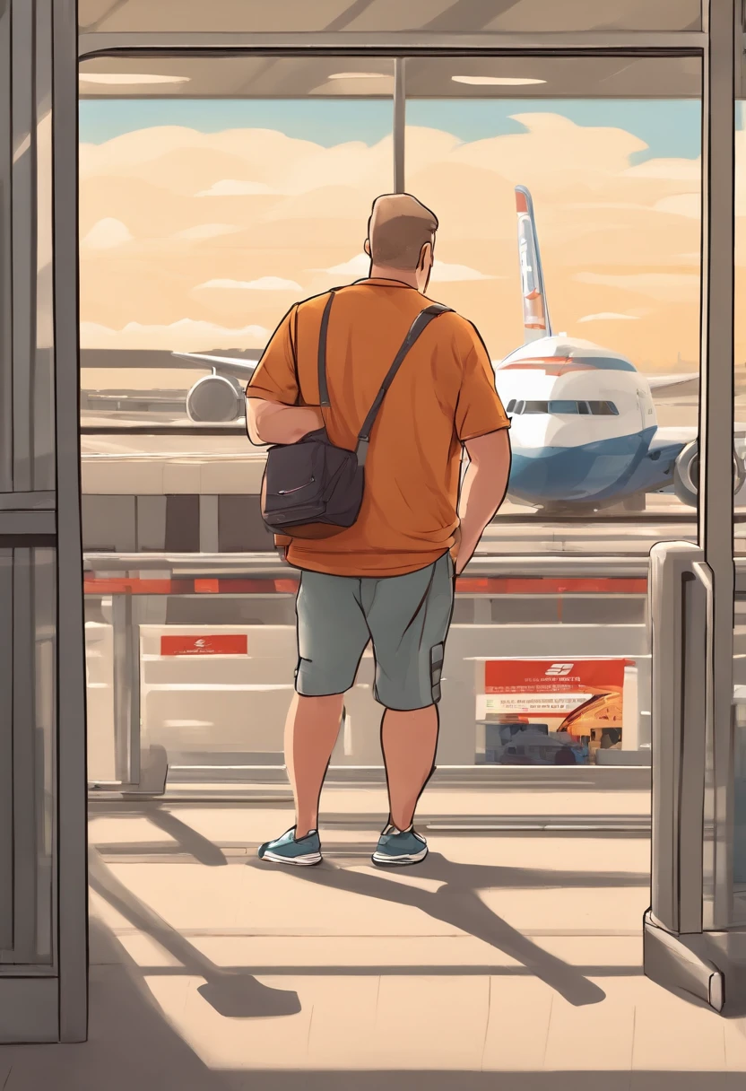 A photo of airport dad sitting at the gate with his family's boarding passes spread out in front of him,original,Airport dad dresses like a typical dad. Slightly overweight, He wears shirts tucked into shorts with a belt. High white socks with New Balance sneakers.