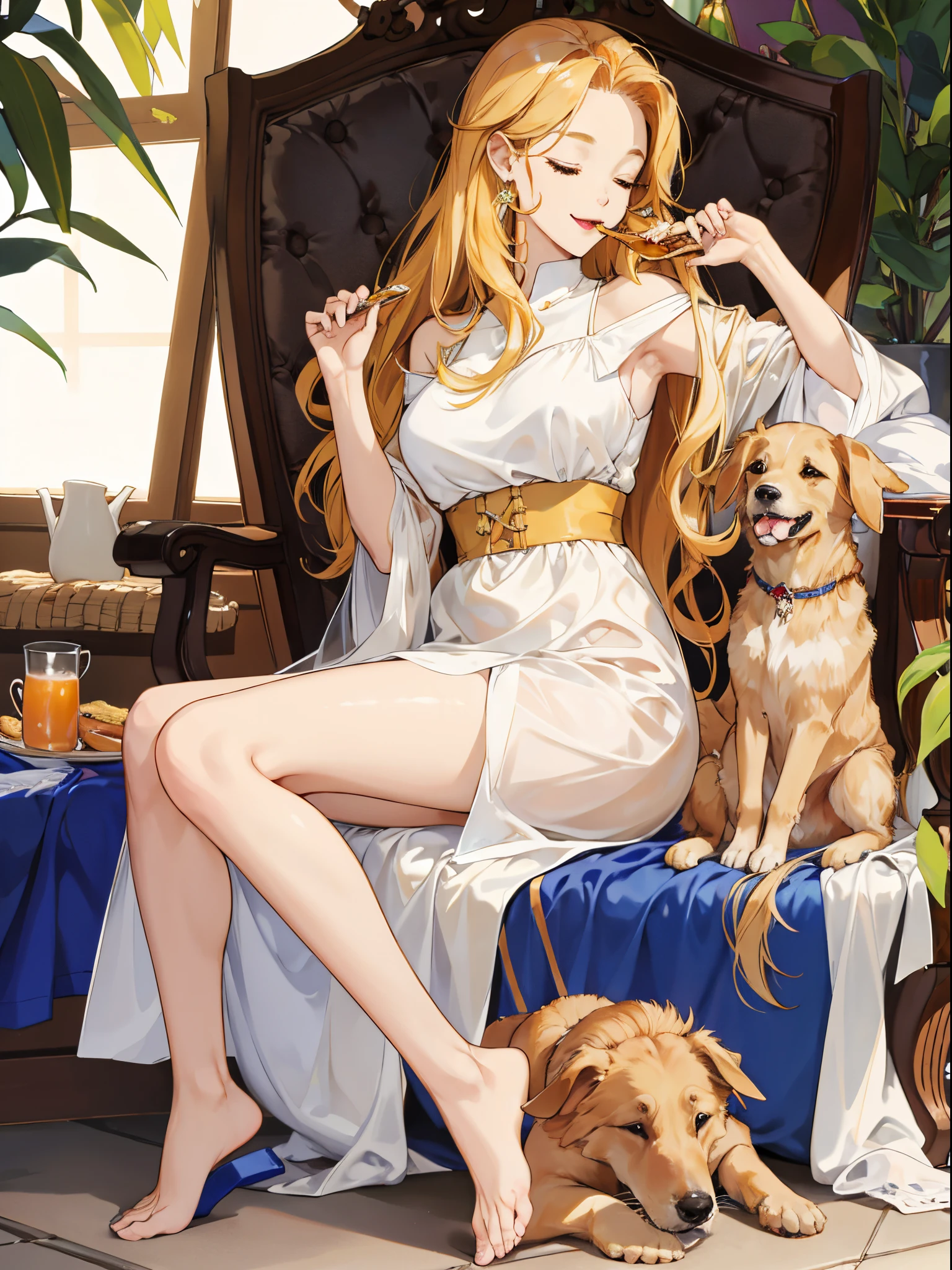 Shine Muscat Hapue A golden retriever is sleeping at the feet of a woman eating deliciously.