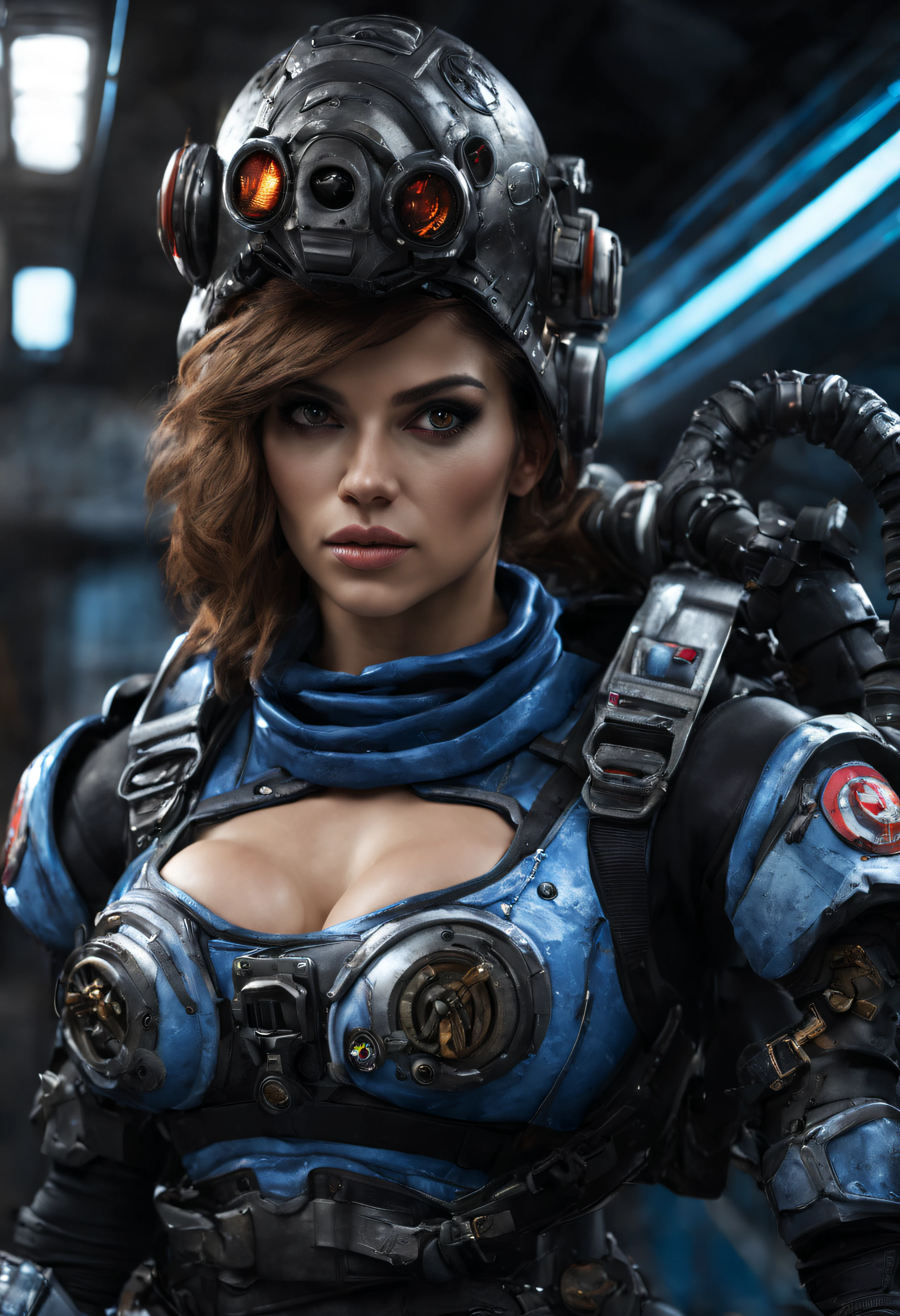 mujer guerrera alienigena extraterrestre, considerada como una de las razas mas bellas de la galaxia, con una cara, ojos y labios sensuales, vestida con uniforme sexy de gears of war con minifalda, ((se encuentra en centro de control de estacion espacial)). hiperrealista, imagen nitida, 8k. imagen cinematografica. (intrincados detalles de la maquina), (obra maestra de calidad superior, renderizado 3d.