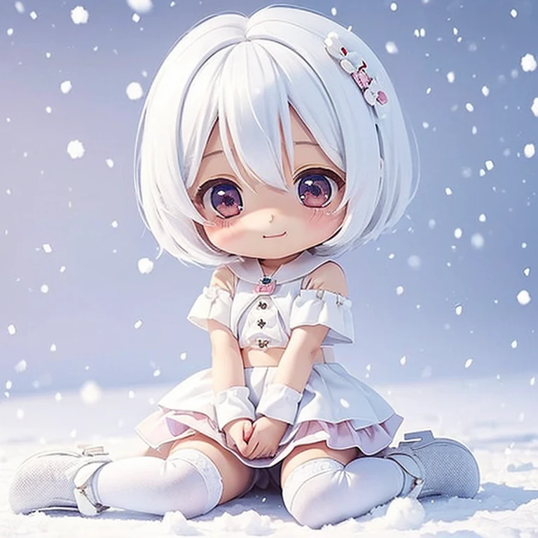 girl, ((loli)), medium hair, ((small breasts)), shorts under skirt, white hair, kawaii, (((chibi))), snow, white kneehighs, light smile, looking at viewer, (sitting), Full body in camera