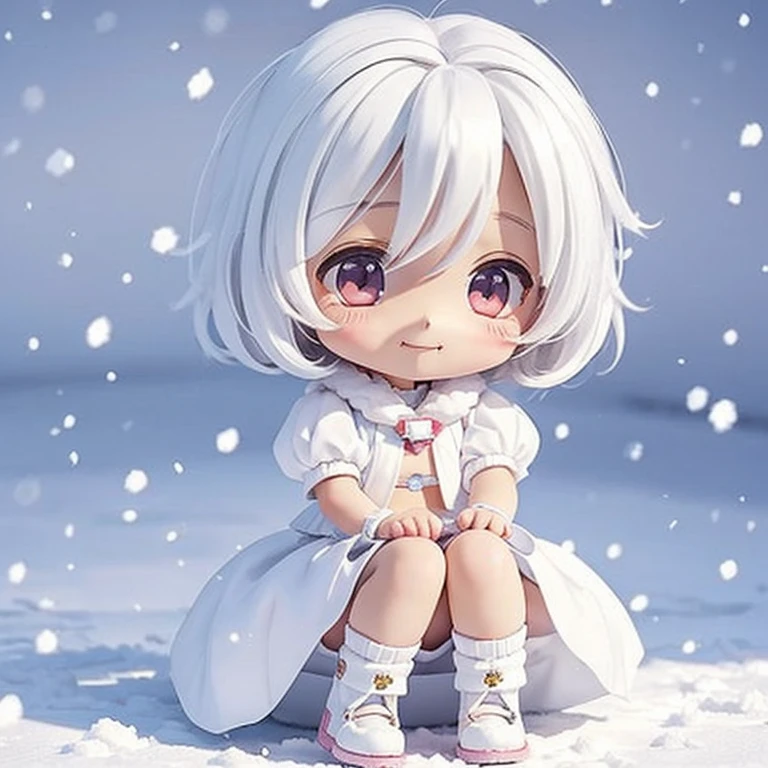 girl, ((loli)), medium hair, ((small breasts)), shorts under skirt, white hair, kawaii, (((chibi))), snow, white kneehighs, light smile, looking at viewer, (sitting), Full body in camera