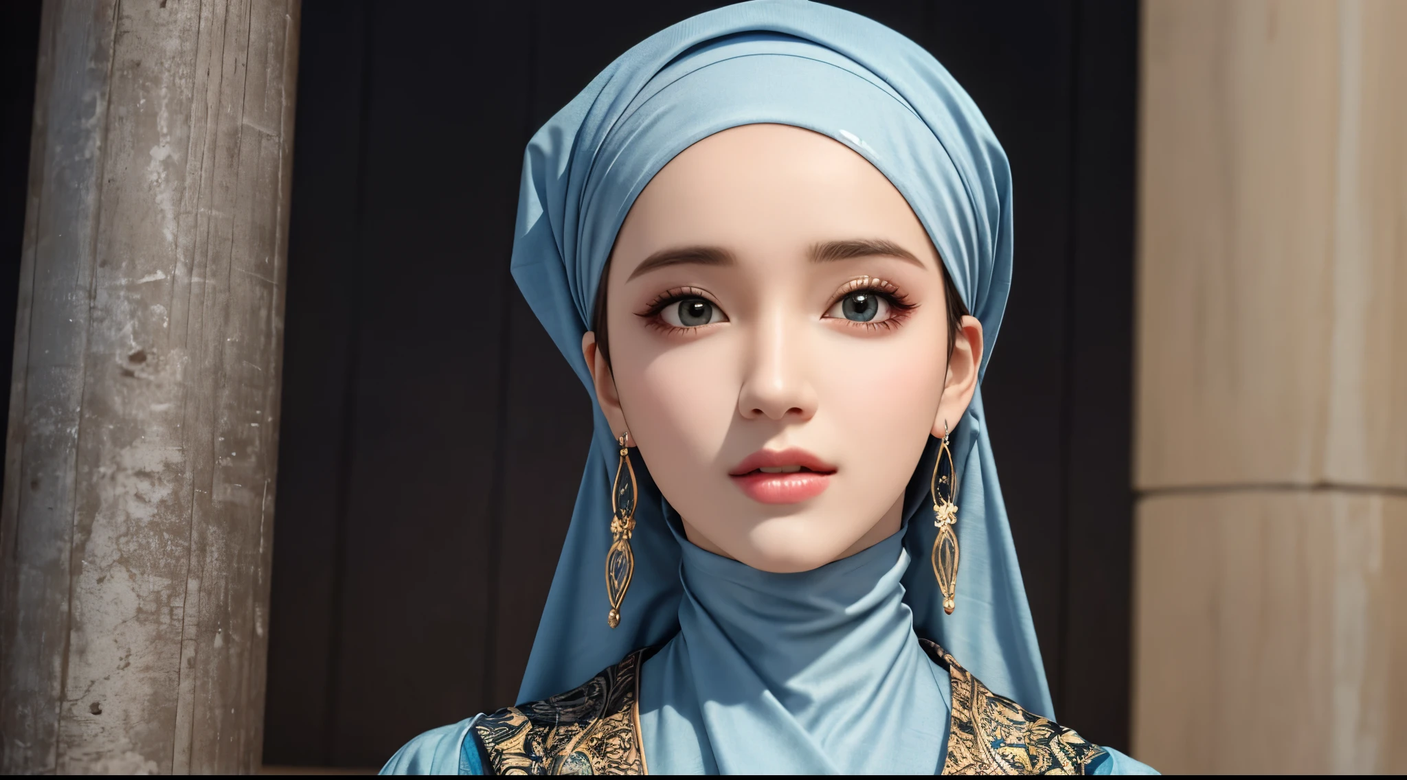 1 woman, solo, beautiful face, high detailed realistic eyes, double eyelids, high detailed realistic pupils, upon body from head to waist, (wearing hijab:1.2), (moslem headscarf:1.2)