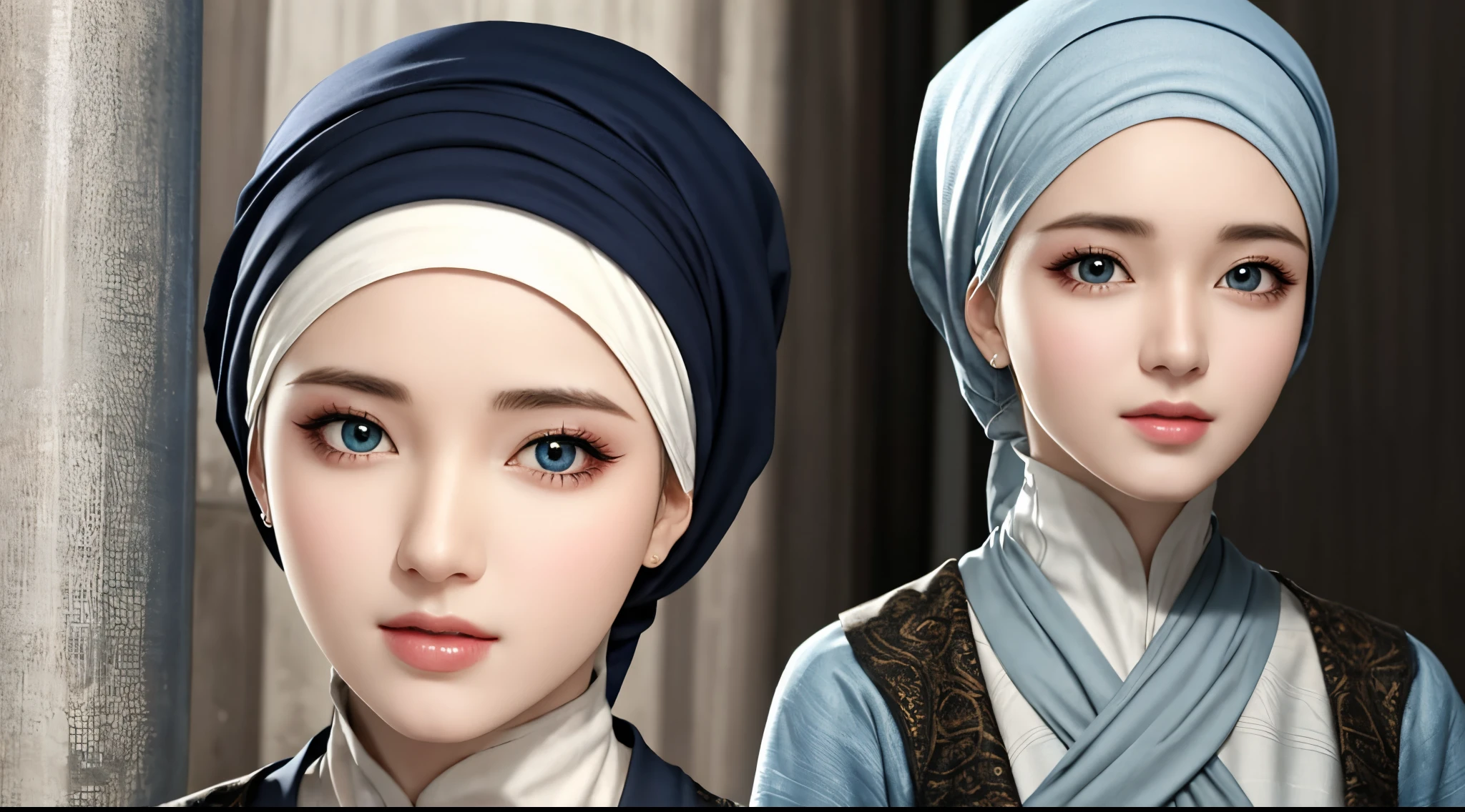 1girl, beautiful face, high detailed realistic eyes, double eyelids, high detailed realistic pupils, upon body from head to waist, wearing hijab, moslem headscarf