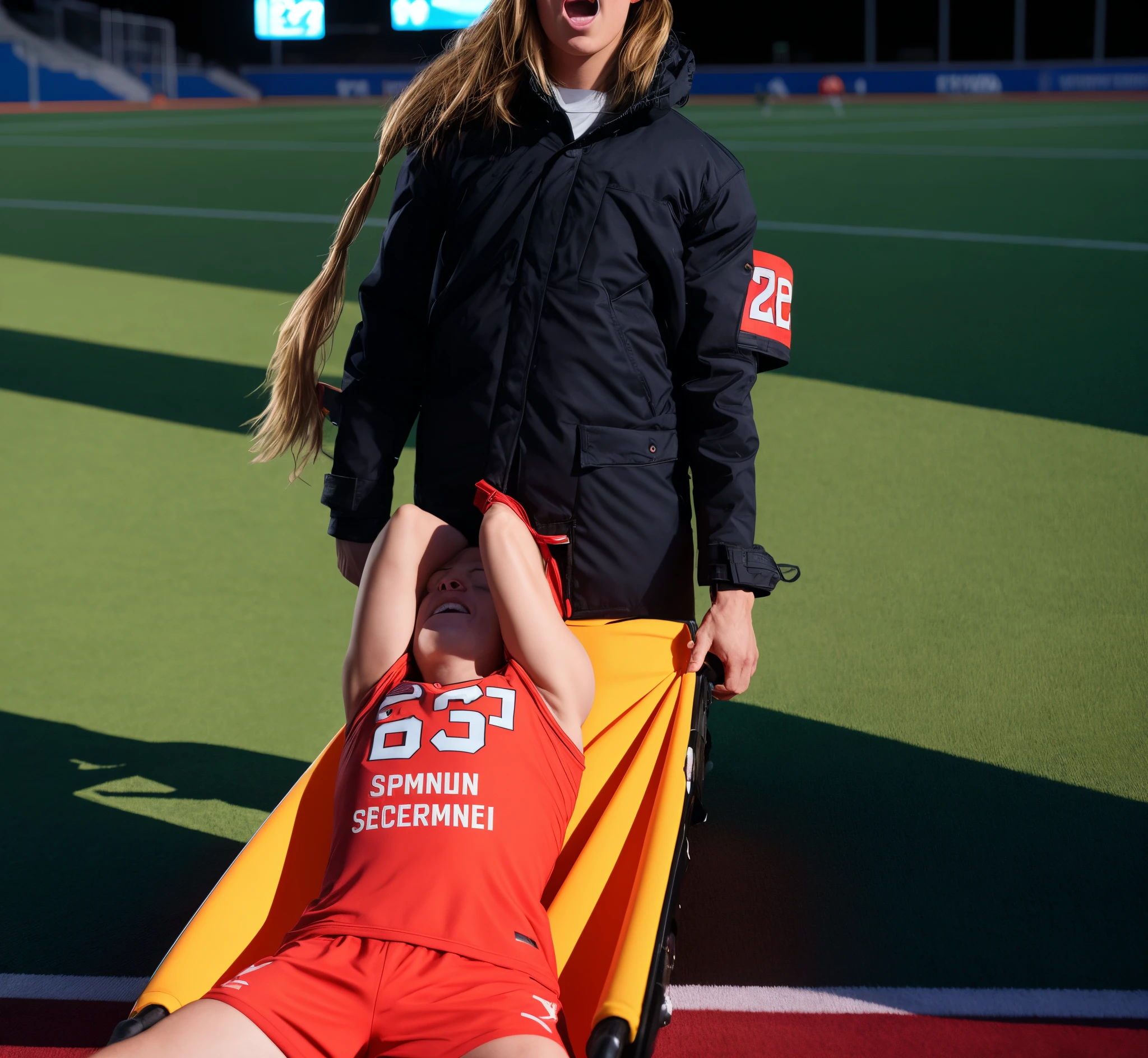 Photography of an injured sportsman on a stretcher being carried by a longhaired blond woman in a long black down coat, a young male soccer player in short sportswear is lying on his back on a stretcher and is grabbing his shin with his hands, hyperralistic, very realistic, ultrarealistic photorealistic, pgoto, photoreal, a young woman is wearing a high shine black downcoat and is holding a stretcher inside a sports stadium, a young madeup blond woman in a high-shine padded coat is shouting out for help and has a very sad and furious expression in her face, a sportsman is lying on a stretcher and has a very painful and suffering face, a young sportsman on a stretcher with a very painful expression in his face, dramatic action pose, sports accident, injury scene, theatralic pity pose, pity pityful, pain, a sportsman is lying on a stretcher and is crying in pain, a young madeup woman in a shiny coat is carrying a man on a stretcher inside a sports stadium, sports scene, stadium