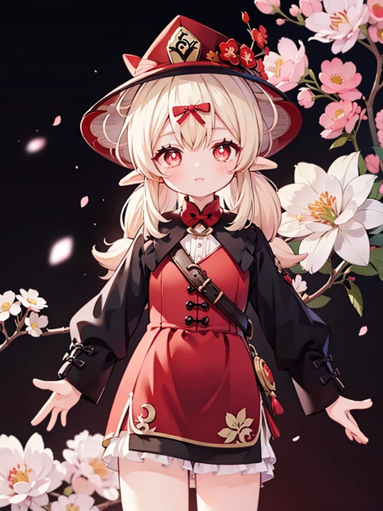 2d, masterpiece, best quality, anime, highly detailed eyes, highly detailed face, highly detailed background, perfect lighting, cowboy shot, feet out of frame, 1girl, solo, standing, hu tao \(genshin impact\), symbol-shaped pupils, flower-shaped pupils, hat, red flower, red eyes, cherry blossoms ,