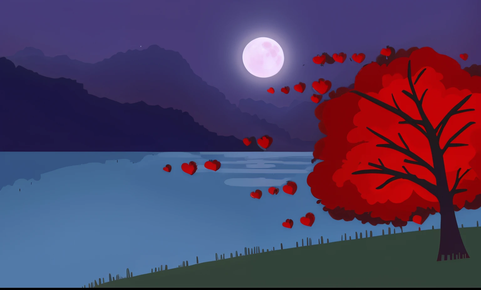 in the sky there is a red tree with many hearts, background illustration, random background scene, red sprites in the atmosphere, calm night. digital illustration art, Blood Moon Background, twilight ; Digital Painting, based on Arkhip Kuindzhi, Moons in the background, Detailed Crimson Moon, inspired by Eyvind Earle, Background of the 2D game, digitalpainting, background art