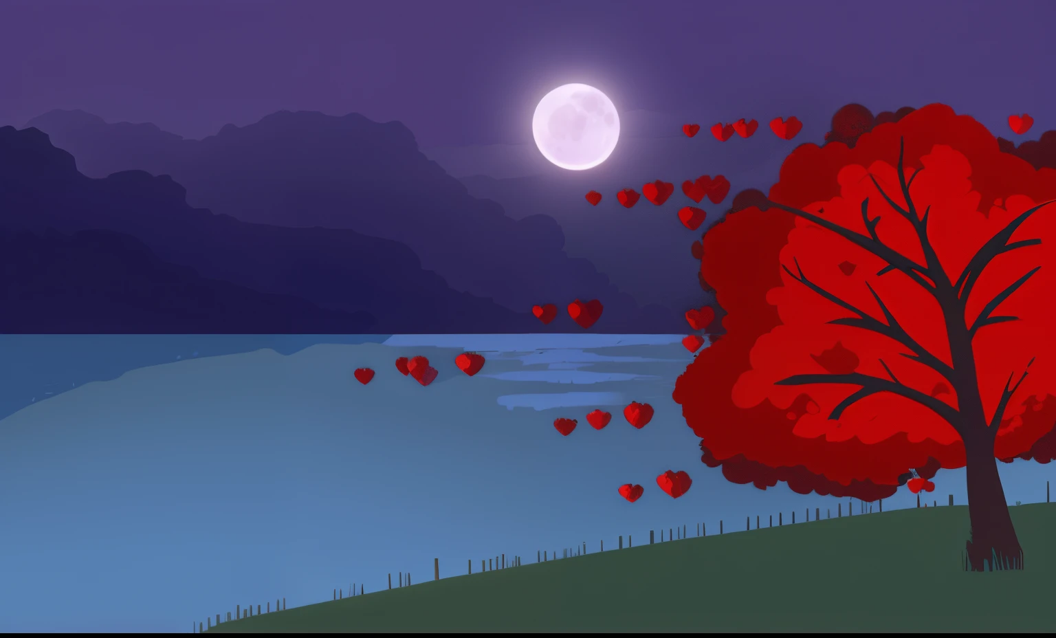 in the sky there is a red tree with many hearts, background illustration, random background scene, red sprites in the atmosphere, calm night. digital illustration art, Blood Moon Background, twilight ; Digital Painting, based on Arkhip Kuindzhi, Moons in the background, Detailed Crimson Moon, inspired by Eyvind Earle, Background of the 2D game, digitalpainting, background art